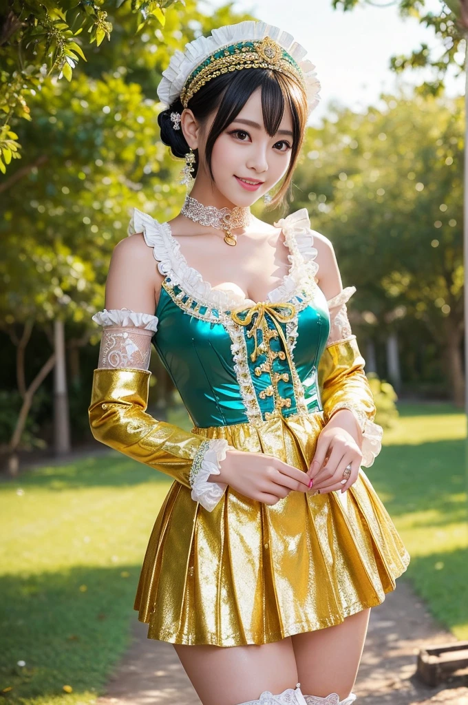 (nsfw), sexy golden Thai princess, only 1 female, ((doll-like appearance)), short Teal stylish hair, ((shiny Victorian-Style boots)), (big smile), ultra detailed eyes, vivid eye makeup, lipgloss, long lashes, defined eyebrows, ((sexy Paradise Kiss cosplay)), bell-shaped skirt, petticoats, high neckline, puffed sleeves, ((ultra detailed lace)), ((ultra detailed embroidery)), intricate details, Paradise Kiss golden accessoires and matching headpiece, golden choker, ((large sparkling Paradise Kiss golden jewelry)), cinematic light, detailed large park background with trees