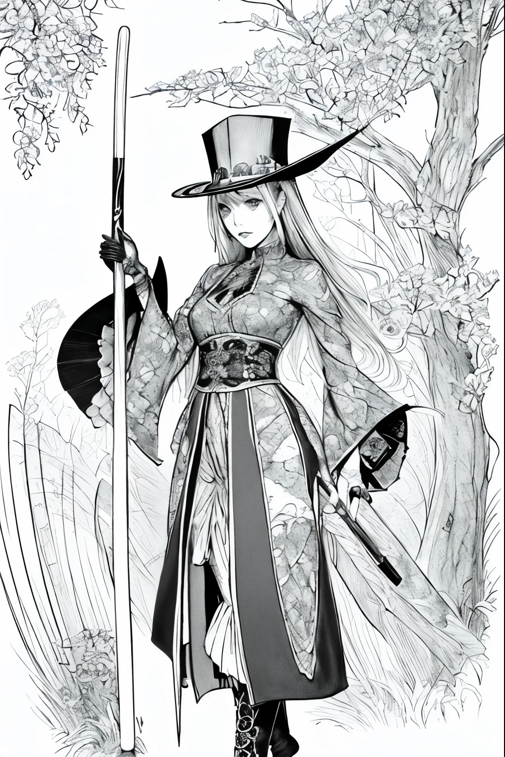 A painting of a costumed woman holding a hat and a walking stick, Manga drawn by Junpei Sato, Pixiv, Gothic art, pencil and Ink Manga, Beautiful line art, Pencil and ink cartoon, Shirow Masamuneスタイル, Shirow Masamune, Ink Manga, Very detailed fan art, Complex manga drawing