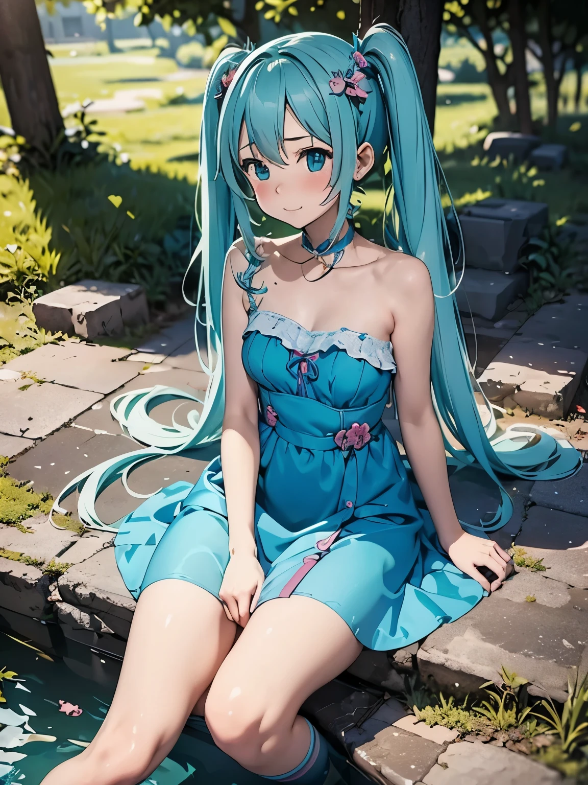 (masterpiece、highest quality、highest quality、Official Art、Beautiful and beautiful:1.2)、(One girl:1.3)Hatsune Miku、Twin tails,Beautiful breasts,Anime - Style image of a woman in a blue dress sitting on the ground, , Cute anime waifu in a nice dress, (Anime Girls), , Anime Girls, Small curves , かわいいAnime Girls, On pixiv, Pure, かわいいAnime Girls, 美しいAnime Girls, 魅力的なAnime Girls, Nurse girl, 魅惑的なAnime Girls