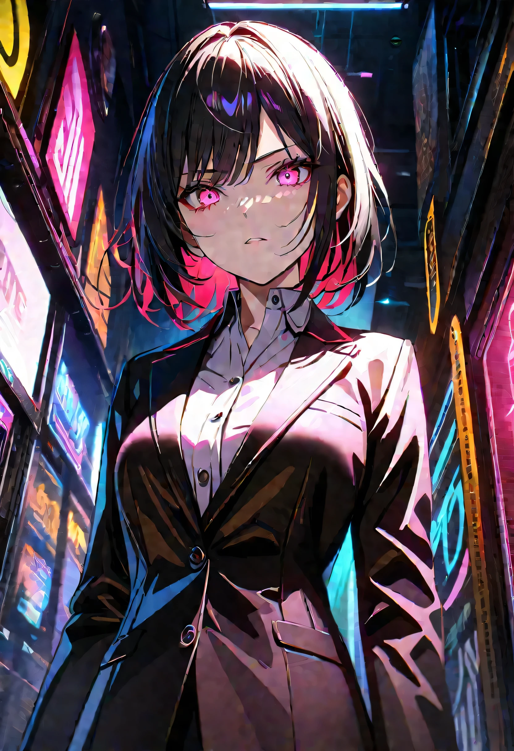 16k, High resolution, RTX, Ray Tracing, Natural light, Absurd, Top quality masterpiece, Perfect anatomy and highly detailed face, Fine grain, One girl, alone, Wearing a business suit, shirt, Open the top button, Beautiful Hair, very beautiful, Edgy, nice, Evil Aura, the wind is strong, Glowing Eyes, Serious expression, dystopian city, Futuristic, Detailed Background, Awards, Neon Light, Talked about at the art station
