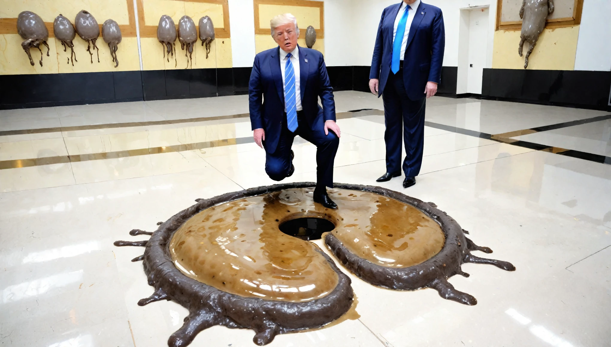 Donald Trump mayor, disfrazado de colegiala, admiring a Bristol stool scale filled with gigantic pieces of seductive bipedal poop-legged poop lords on the floor of their poop mating glory hole on PPV , cara detallada 