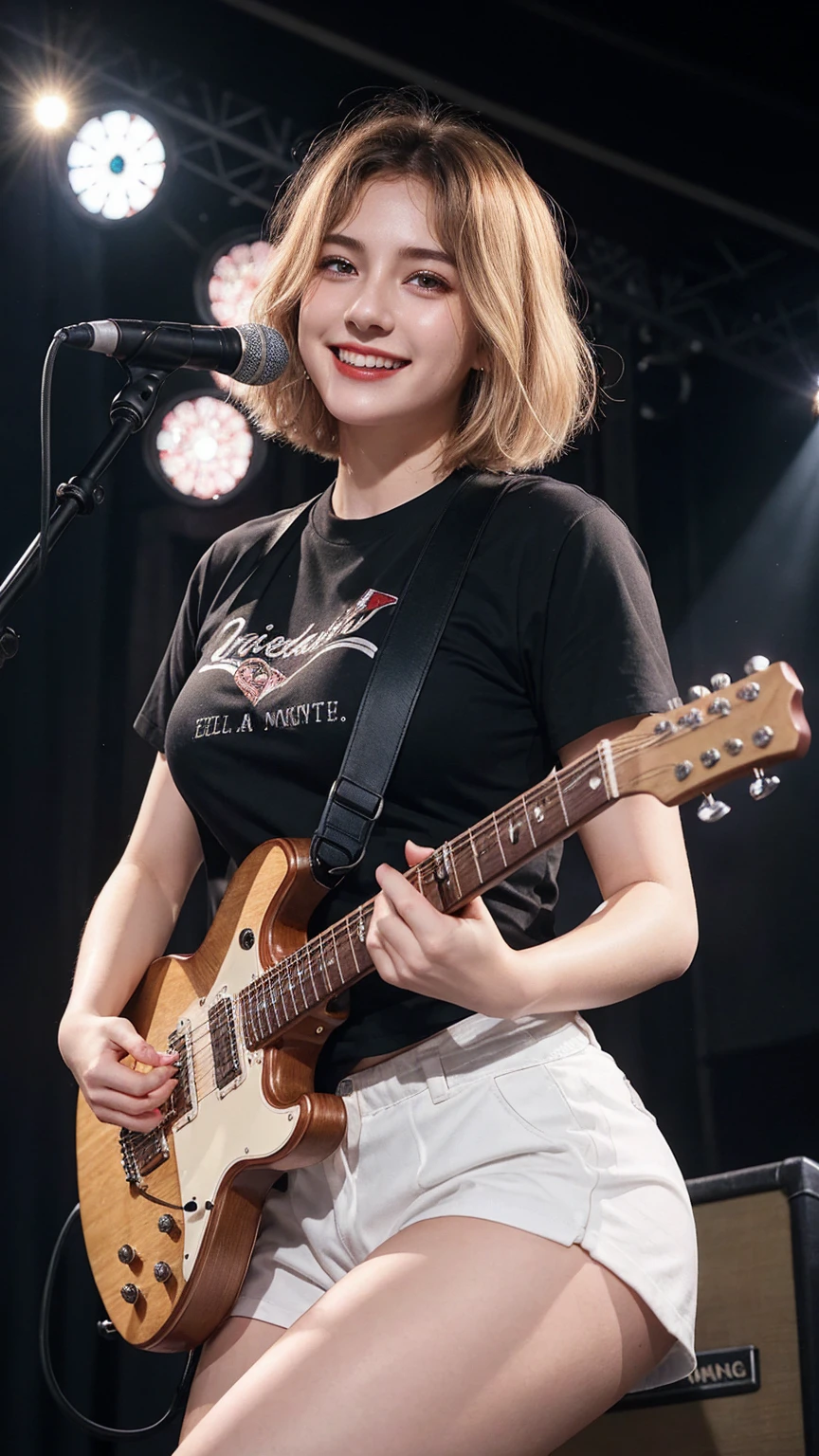 ((best quality)), photorealistic, photorealism, Photorealistic, high resolution、 black t shirt、Red checked long pants, JK Style、fishnet t shirt、smile、A superb beauty、Super cute、ennui、Rare beauty、short hair、Black Dark Eyeshadow、Sad、white skin、pale skin, short hair straightener、Dark Gothic Makeup、Cute Smile、Fragrant beauty、Stained glass background、Mastepiece、Best Quality、Refers to 5 books、Sweat glistening on my chest、Sweat glistening on my face、Small breasts、Blonde hair、Age 20 years old、Mysterious look、A sad expression、Blonde Hair、mysterious gothic church、enchanting castle、Sweating profusely all over the body、A lot of sweat and light on the thighs、Shiny thighs、Plenty of sweat glistening on the thighs、A large amount of sweat glistens on my thighs、Sweating profusely、Gal、Medium breasts、beautiful face、Alluring expression、Thin thighs、Playing electric guitar、I have an electric guitar、Sing a song enthusiastically、Playing guitar in a band、Playing guitar chords、Live House Background、Sing a song、Open your mouth、Live house scenery、Mike stand、Glamorous live stage、Dynamic Angle、cinematic lighting