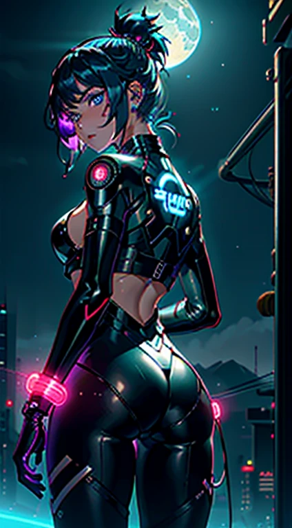 1girl, alone, girl, close, Futuristic costume, Neon Samurai, very handsome cyber punk samurai, cyber punk samurai, ghost blade style, cyber punk style, cyber punk neon style, Video Game Characters, synthwave image, cyber punk, concept art neon shine, moon, lanthanum, night, alone, Outdoor, null, full moon, rain, Mountain, cloud, paper lanthanum, night null, reflection,, {{(masterpiece),(Highly detailed CG Unity 8k wallpaper),  (Sideboob), highest quality,alone,Cinema Lighting,Detailed Background,beautiful Fine grain,Bright Eyes,(Very delicate and beautiful),(Beautifully detailed eye depiction),Super detailed,masterpiece,}}, Fine grain, Beautiful Eyes, Realistic eyes, Beautiful Eyes, Perfect Eyes, Rear View, (Anamorphic rays, Ramen shop), shine, Depth of written boundary