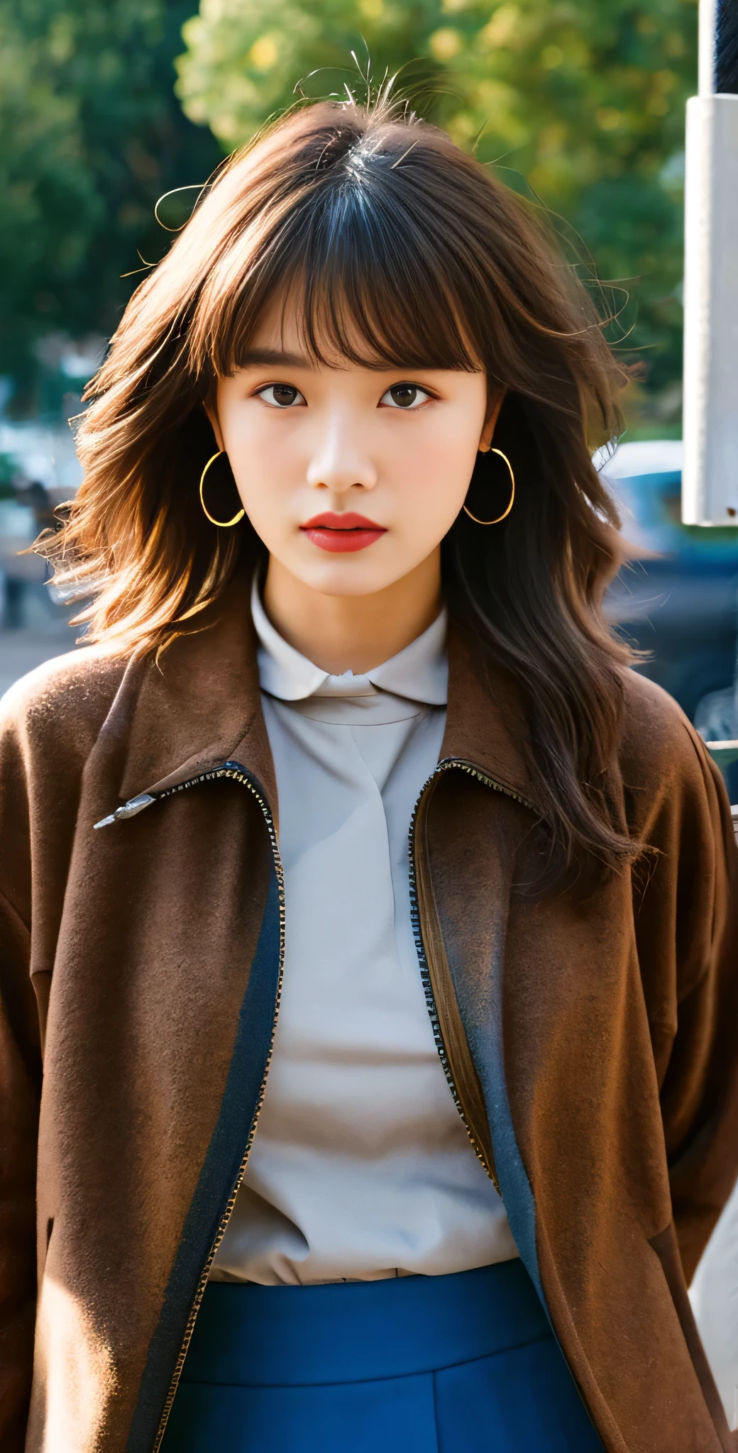rolua,, , 1girl, ahoge, bangs, black skirt, black sweater, blue nails, blurry, blurry background, breasts, brown eyes, brown hair, brown jacket, closed mouth, dated, day, depth of field, earrings, eyelashes, hand up, head tilt, jacket, jewelry, long hair, long sleeves, looking at viewer, medium breasts, nail polish, open clothes, open jacket, outdoors, puckered lips, shirt tucked in, sidelocks, skirt, sleeves past wrists, solo, sweater, upper body, zipper, , , ((masterpiece)), ,