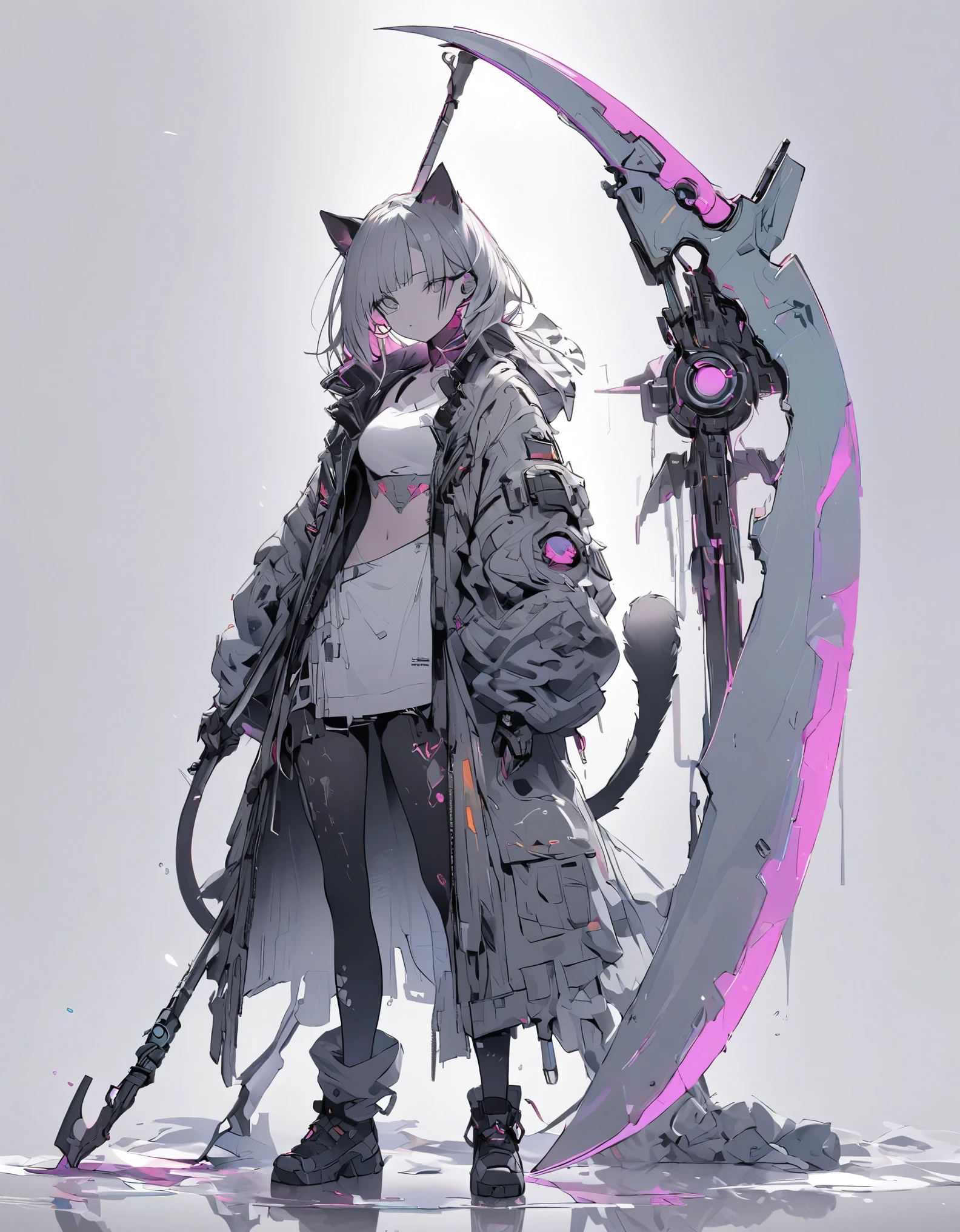 Detailed silhouette of a cyberpunk girl with cat ears and a tail, wearing a flowing, tattered coat, holding a huge scythe that includes a mechanical cat design, standing on a glossy, reflective surface with a minimalistic, soft gray background.