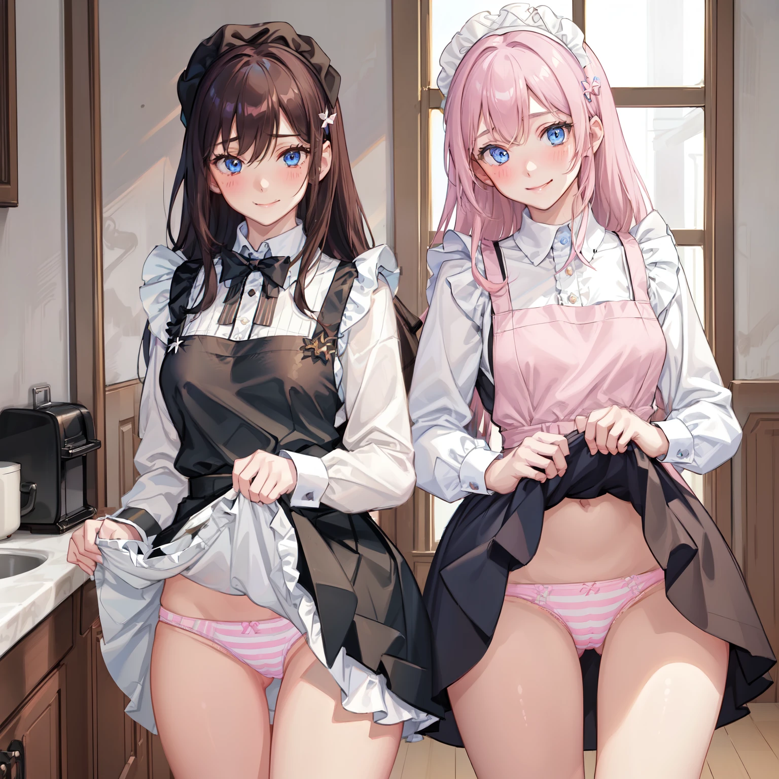 highest quality, masterpiece, ((2 girls:1.5)), ((smile:1.3)), (blush:1.3), Black Shirt, blouse, ((fun!!)), (Small breasts), Blonde, (Long sleeve), ((White apron:1.5)), ((Maid)), ((hair ornaments)), Kamimei, look at me, ((in house:1.5)), Taking a break from watching the audience, Cowboy Shot, (skirtlift:1.3), (Highly detailed pink striped panties:1.3), (Highly detailed panties:1.3), (skirt that rolls up:1.3), (Panties fully exposed:1.5), Light blue eyes, long hair, Glowing Eyes