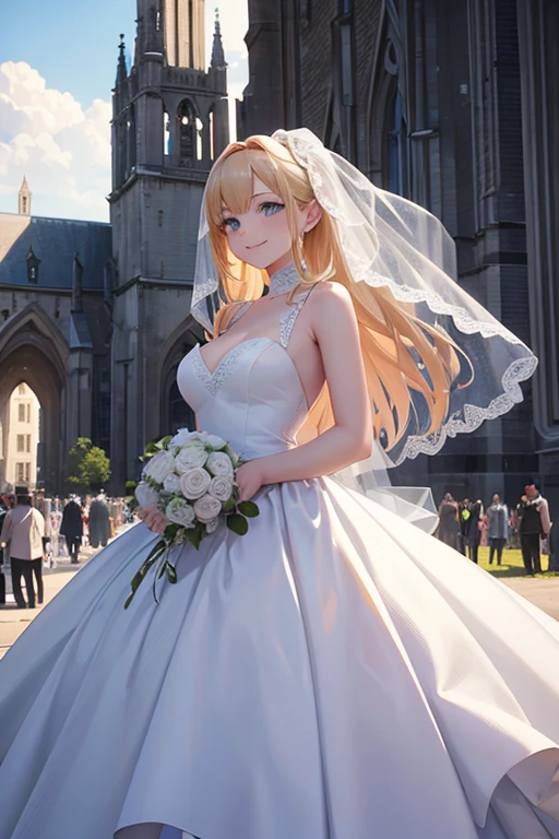 Giant Robot,ruined church,Wedding dress,Wedding,destruction,Mobile weapons,smile,realistic,{perfection},{perfectionな顔},{{Super detailed}},{{masterpiece}},{{high quality}}