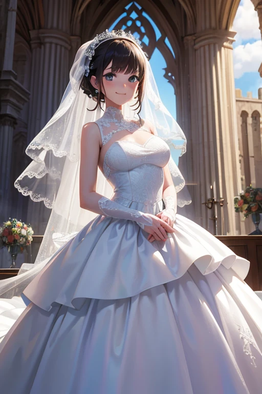 Giant Robot,ruined church,Wedding dress,Wedding,destruction,Mobile weapons,smile,realistic,{perfection},{perfectionな顔},{{Super detailed}},{{masterpiece}},{{high quality}}