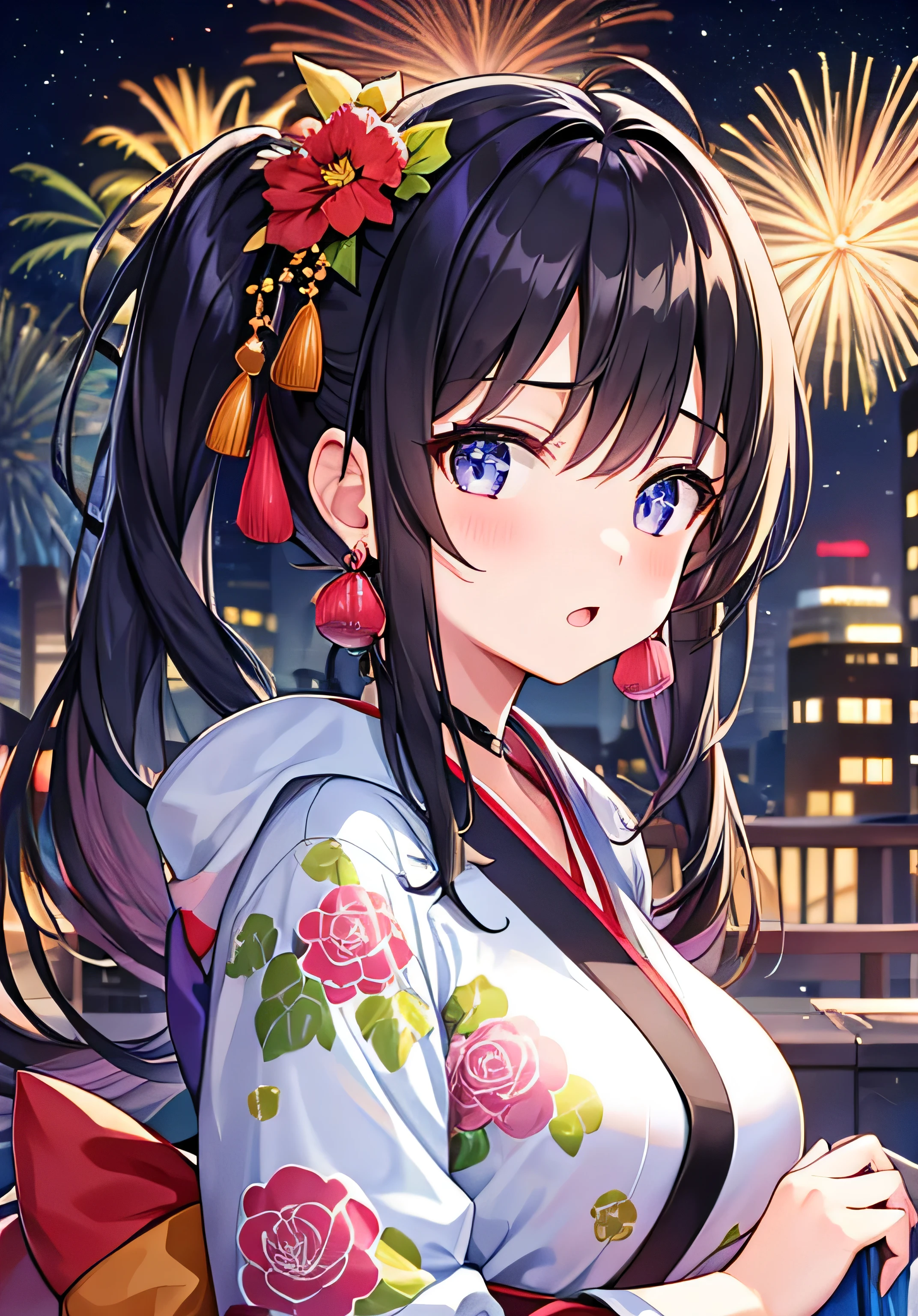 masterpiece、Highest quality、Ultra-high resolution、age girl with big breasts、twin tail hairstyle、black hair、Red face、shyly、open your mouth just a little、kimono、fireworks、at night time