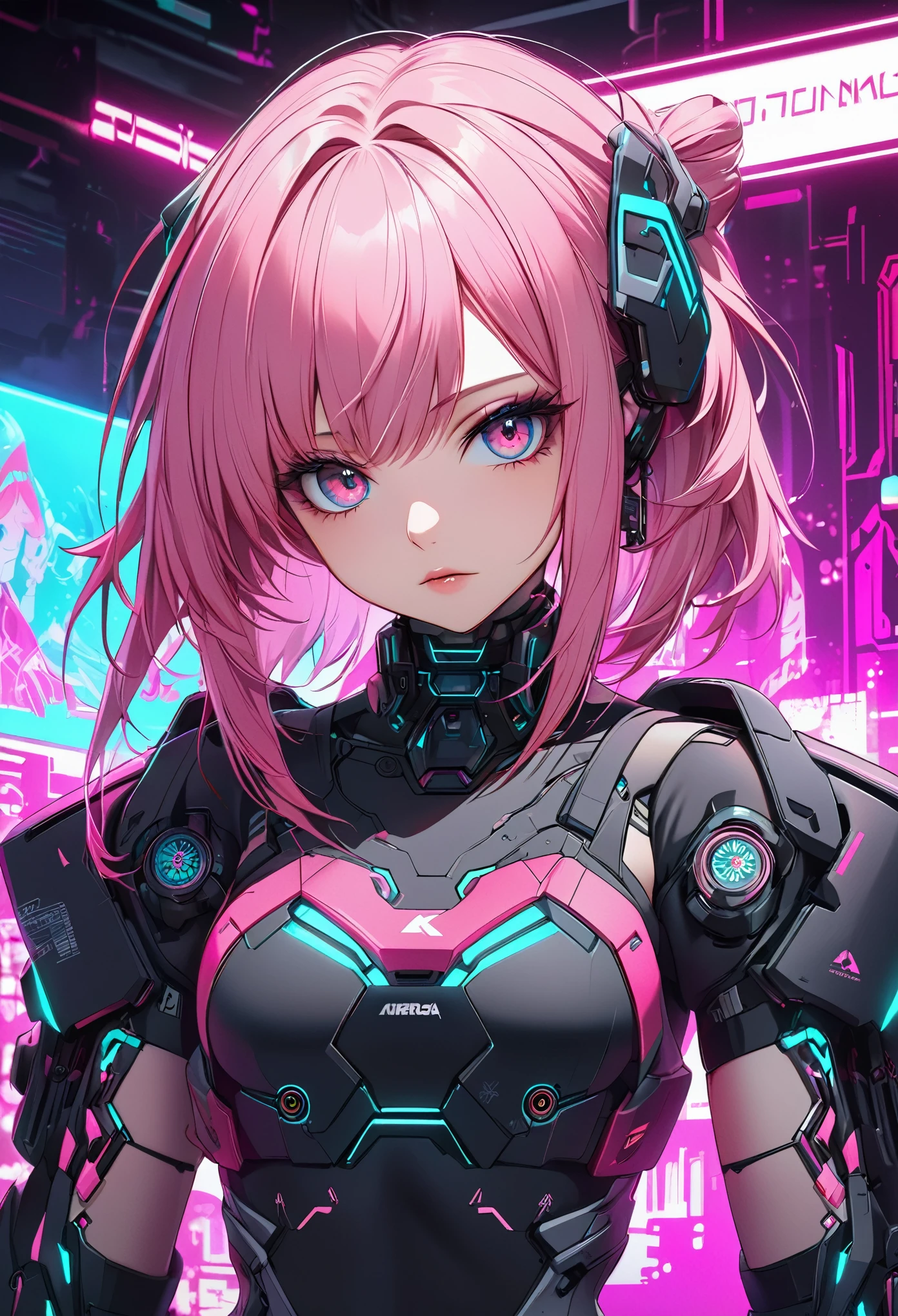 Pink haired anime girl in front of a neon background, cyberpunk anime girl, best anime 4k konachan wallpaper, digital cyberpunk anime art, anime cyberpunk art, digital cyberpunk - anime art, female cyberpunk anime girl, cyberpunk anime girl mech, anime style 4 k, perfect android girl, cyberpunk anime art, modern cyberpunk anime, anime cyberpunk, nightcore