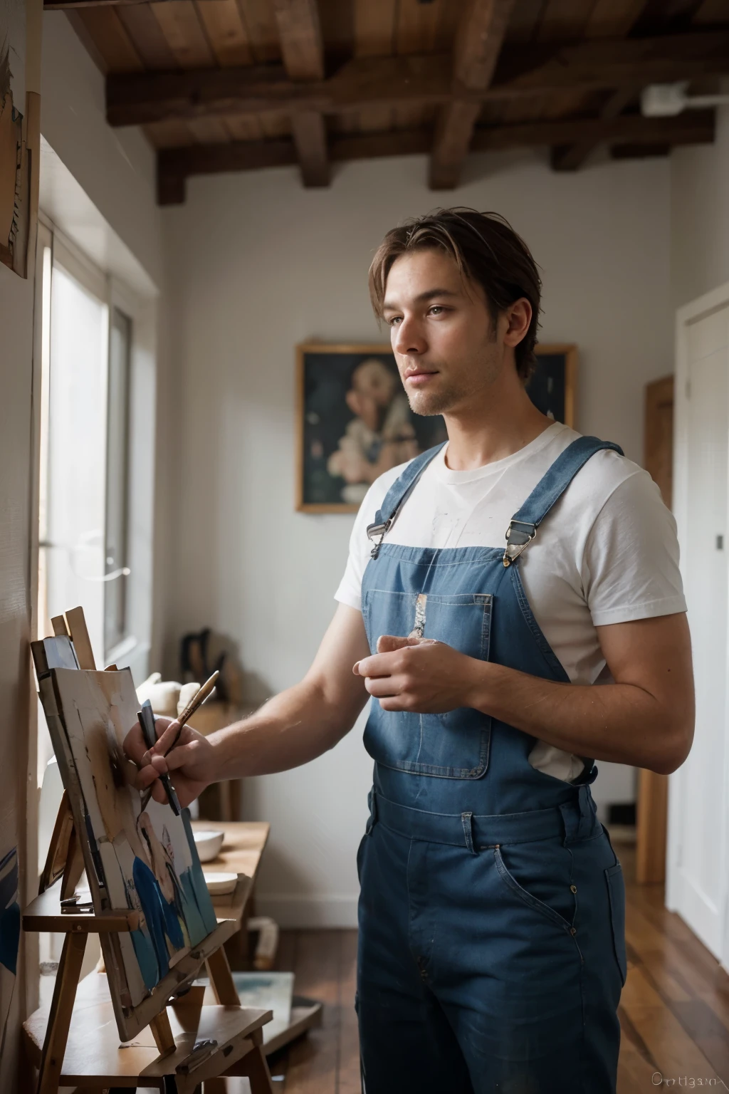 Generate a realistic and detailed image of a 40-year-old male painter wearing blue overalls, painting a wall. Capture the painter in the middle of his work, with visible brush strokes and natural lighting in an indoor setting. The scene should convey a warm and inviting atmosphere. Perfect face, men, photography.
