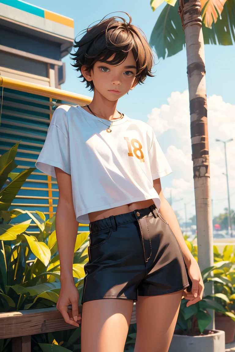 , beautiful teen boy is wearing apped shirt and too very much short mini shorts, the boy's legs are beautiful, tanned, bangs, flirty posing, hot summer, top quality,