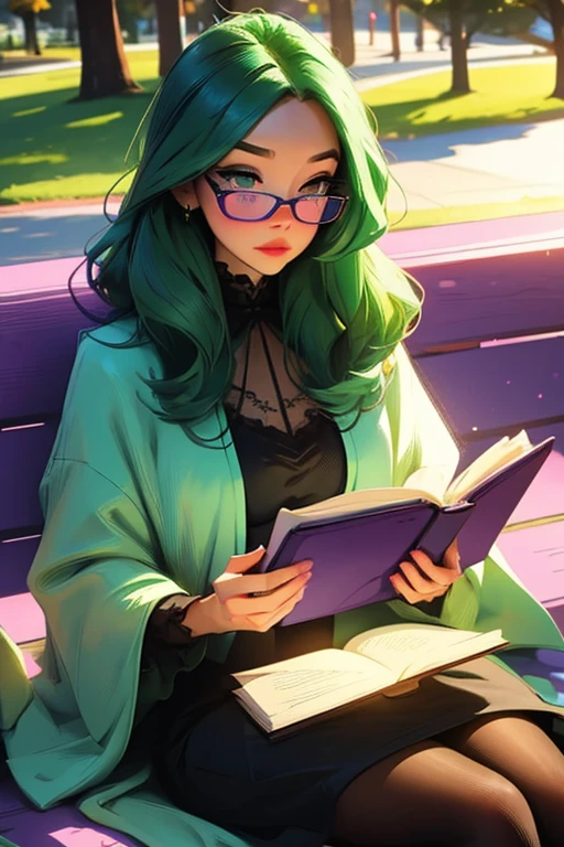 A green haired woman with violet eyes and glasses with an hourglass figure in a cute lolita dress is reading a book at the park with a blush