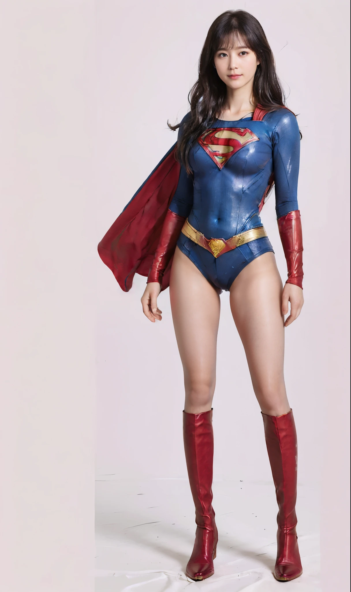 No background、(((Beautiful legs in black tights.)))、(((Legally express the beauty of your smile)))、((((Make the most of your original images)))、(((Supergirl Costume)))、(((Beautiful hairstyle)))、(((suffering)))、(((Please wear black tights....、Wear red boots)))、((Best image quality、8k))、((highest quality、8k、masterpiece:1.3))、(((Preserve background )))、Sharp focus:1.2、Beautiful woman with perfect figure:1.4、Slim Abs:1.2、Wet body:1.5、Highly detailed face and skin texture、8k