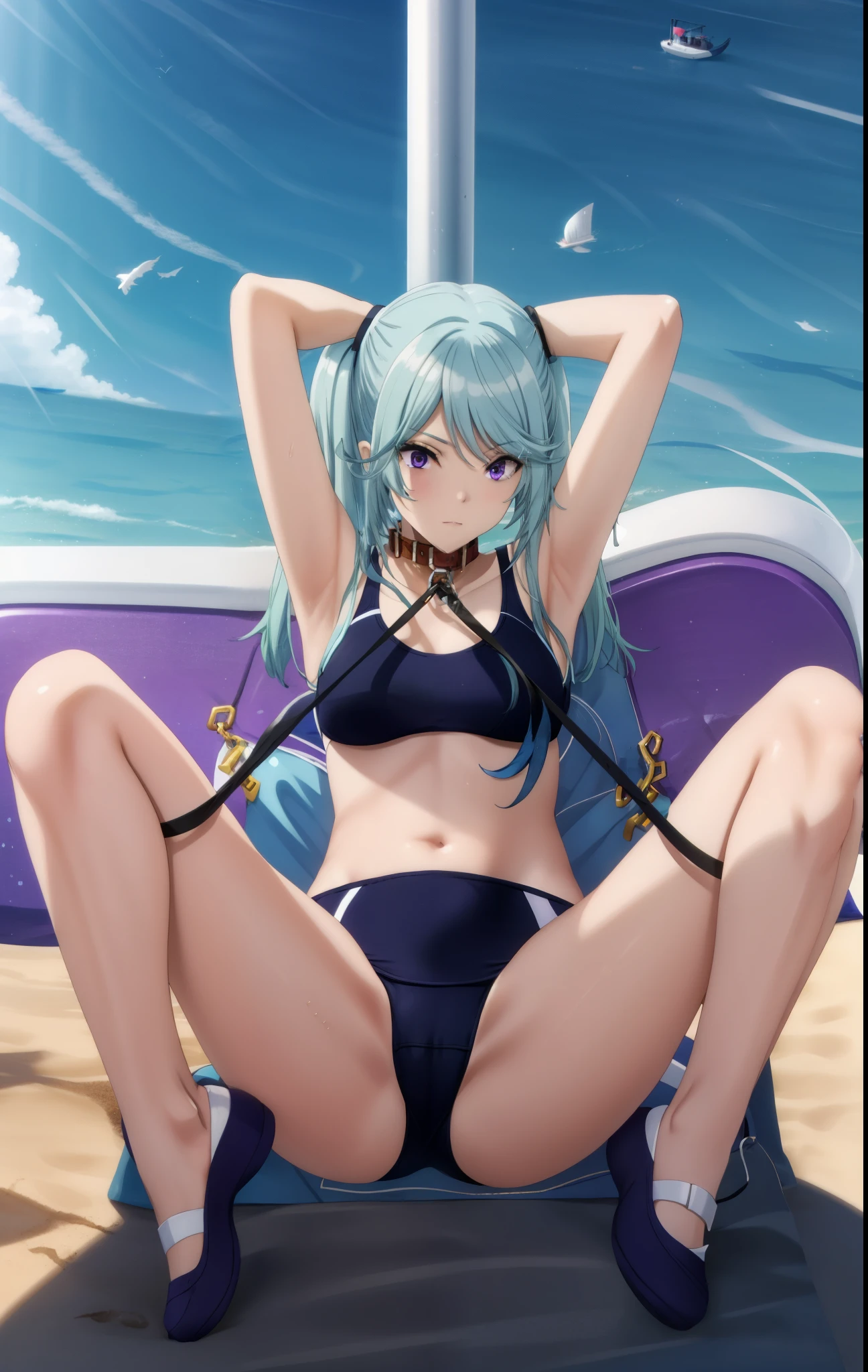 1girl, twintails, purple eyes, long hair, blue hair,school swimsuit,collar,leash