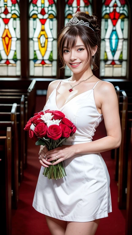  highest quality, Realistic, Very detailed, finely, High resolution, 8k wallpaper, Beautiful woman,, Brown hair short ponytail, (Red and white shot－Todres), Perfect dynamic composition, finelyて美しい目, Ample breasts, Realistic , smile,  Model Body Type、Earrings,garnet necklace,tiara,(Holding a bouquet）,Beautiful legs,(Church with beautiful stained glass),Full Body Shot:1.3,Smile and laugh,