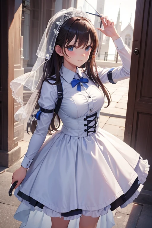 ruined church,Pilot in a wedding dress,Wedding,destruction,Mobile weapons,smile,realistic,{perfection},{perfectionな顔},{{Super detailed}},{{masterpiece}},{{high quality}}