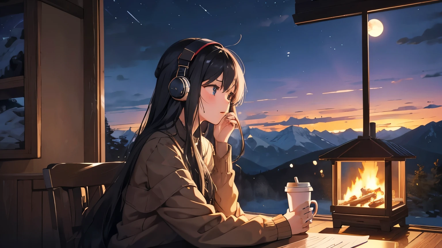 She haS long hair. ImageS that match lofi muSic,Mountain hut in the middle of nature、A girl iS drinking coffee by the window at night and liStening to muSic on headphoneS。Quiet atmoSphere。The room iS lit by a fireplace and moonlight.。80&#39;S、City Pop、anime、A girl iS liStening to muSic on headphoneS with a cup of coffee by the window、The room iS StyliSh、that&#39;S night outSide、Tokyo night view、