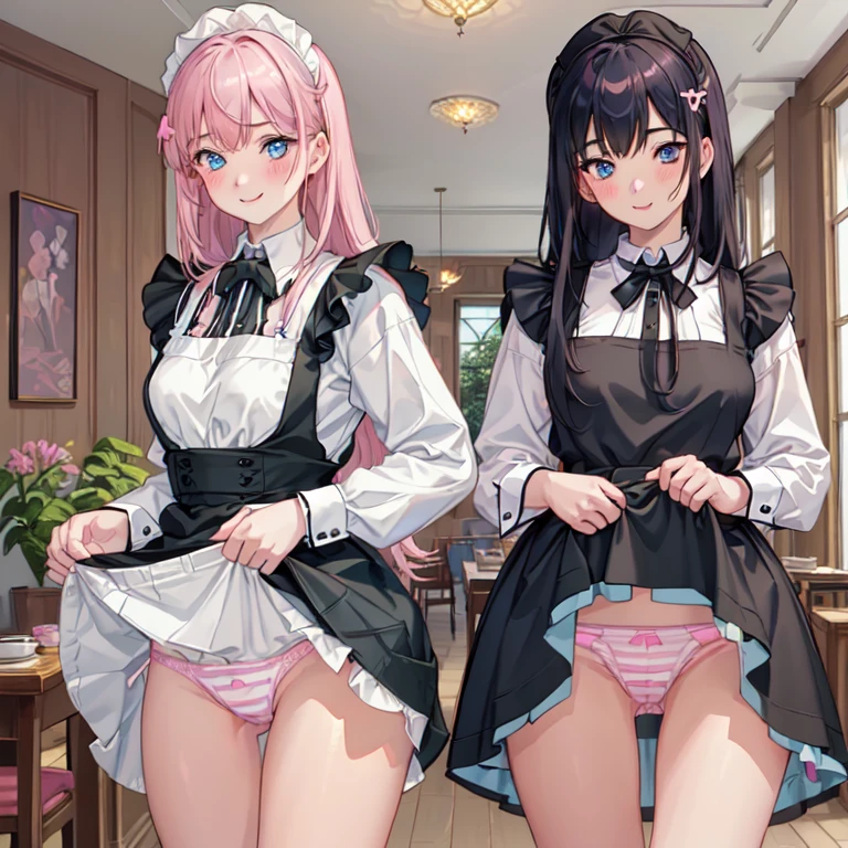 highest quality, masterpiece, ((2 girls:1.5)), ((smile:1.3)), (blush:1.3), Black Shirt, blouse, ((fun!!)), (Small breasts), Blonde, (Long sleeve), ((White apron:1.5)), ((Maid)), ((hair ornaments)), Kamimei, look at me, ((in house:1.5)), Taking a break from watching the audience, Cowboy Shot, (skirtlift:1.3), (Highly detailed pink striped panties:1.3), (Highly detailed panties:1.3), (skirt that rolls up:1.3), (Panties fully exposed:1.5), Light blue eyes, long hair, Glowing Eyes