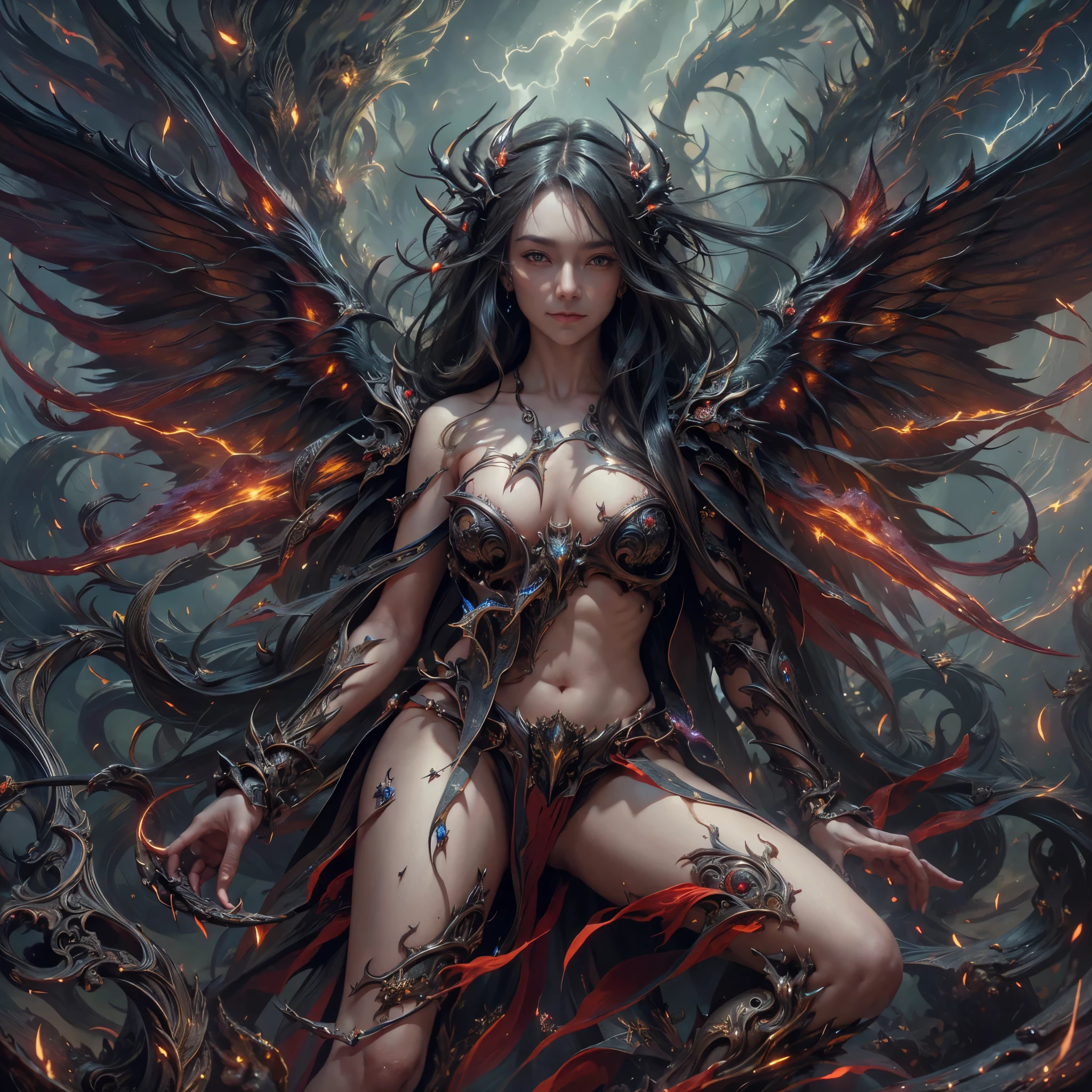 lorafreyajkt48, (((8k RAW photo, hyper realistic, masterpiece, best quality, crisp detail, high definition, high detail, very rich detail, sharp focus, sharp detail, colorful, rich color, cinematic, perfect studio lightning, full body photograph, mystic atmosphere, shot from front))), ((fully naked, young colorful death goddess, fully nude, smooth body, ideal body, naughty smile)),  big breast, (flying on the sky), (showing (pussy, vagina, genital, nipples))), ((black long hair)), killing people, ((death devil wings, tail)), ((very long sharp claws)), (hundreds of ( skull, bone) on the land), ((death devil)),