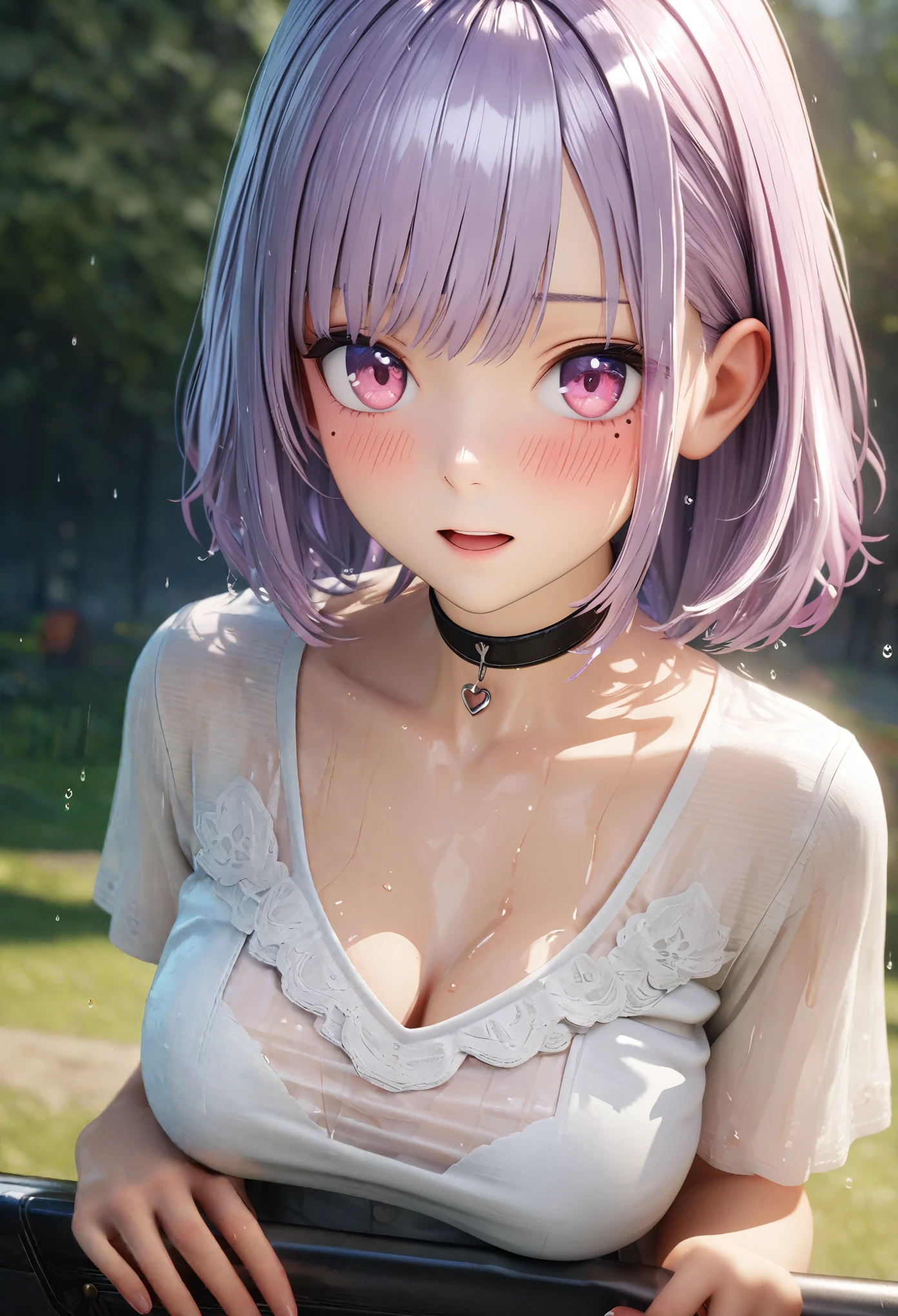 Masterpiece, Top Quality, Highly Detailed, High Resolution, Expensive Resolution, High Resolution, 4K, 8k, Unity 8k Wallpaper, Highly Detailed CG, Masterpiece, 2D, 3D, Beautiful Details, Depth, Fine Texture, Top Quality: 1.3, Perfect focus, Clear skin, Him, Very cute anime girl, Casual style, Heavy rain while meeting him in the park, Her whole body is soaked with rain and her white blouse is transparent, Her hair is also soaked and dripping with moisture, , Big breasts, Mole under eye, Looking at the viewer, Expensive, Blush, Mole, Open lips, Heart, Pink eyes, Choker