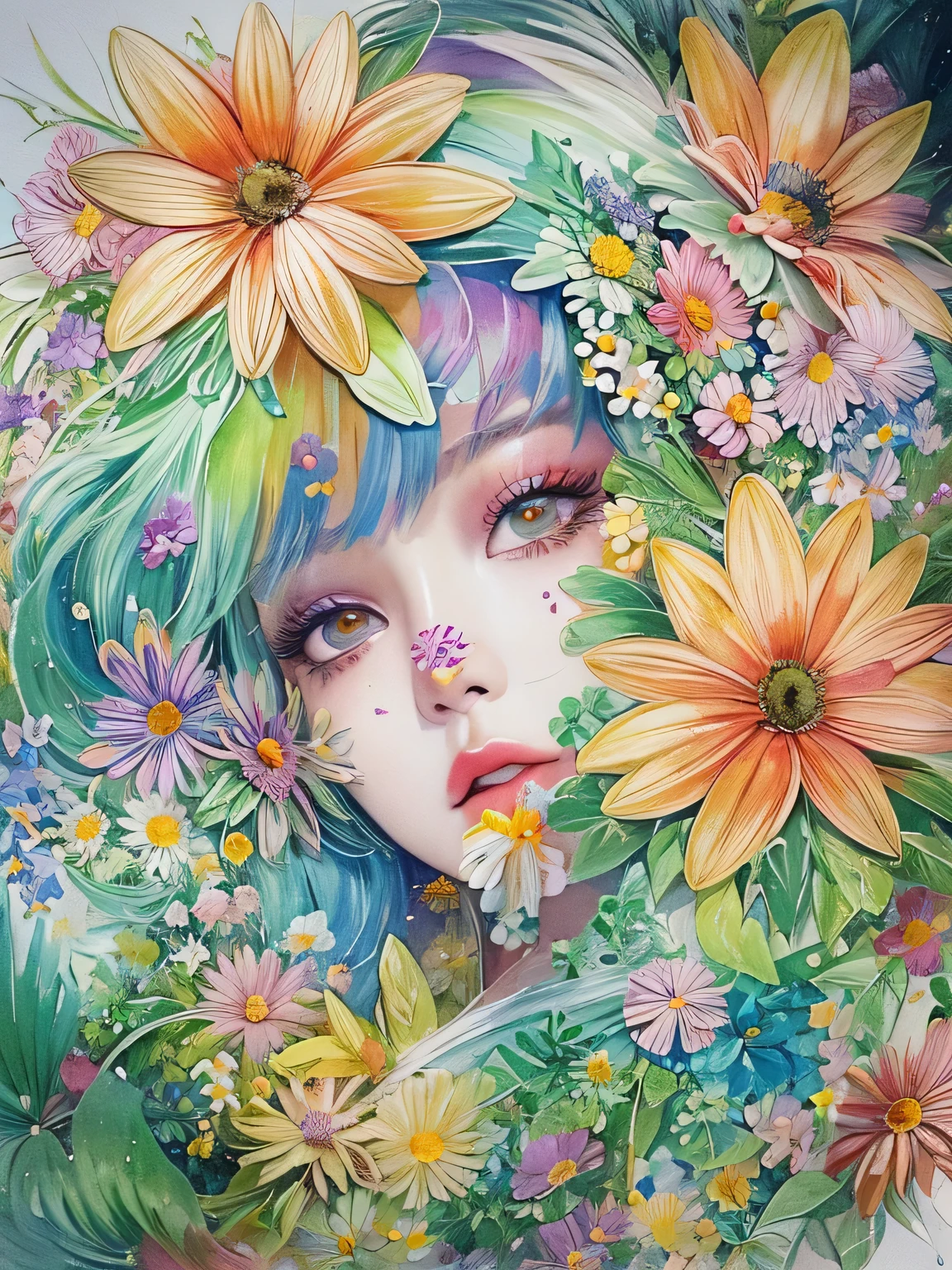Mai Yoneyama Style、(((stylish fashion))), 8K Quality、Intense watercolor, Detailed watercolor art, Watercolor splash, Surreal, avant-garde pop art, Beautiful and expressive paintings, Beautiful artwork illustration, Very colorful tones, wonderful, Cool beauty, highest quality、Official Art, Vector art, Stylish design, (((The most beautiful girl))), (((highest quality))), HDR, ((detailed)), (((Doodle Art)), ((masterpiece)), ((Super detailed)), (((Colorful flowers))),(((Stylish))),