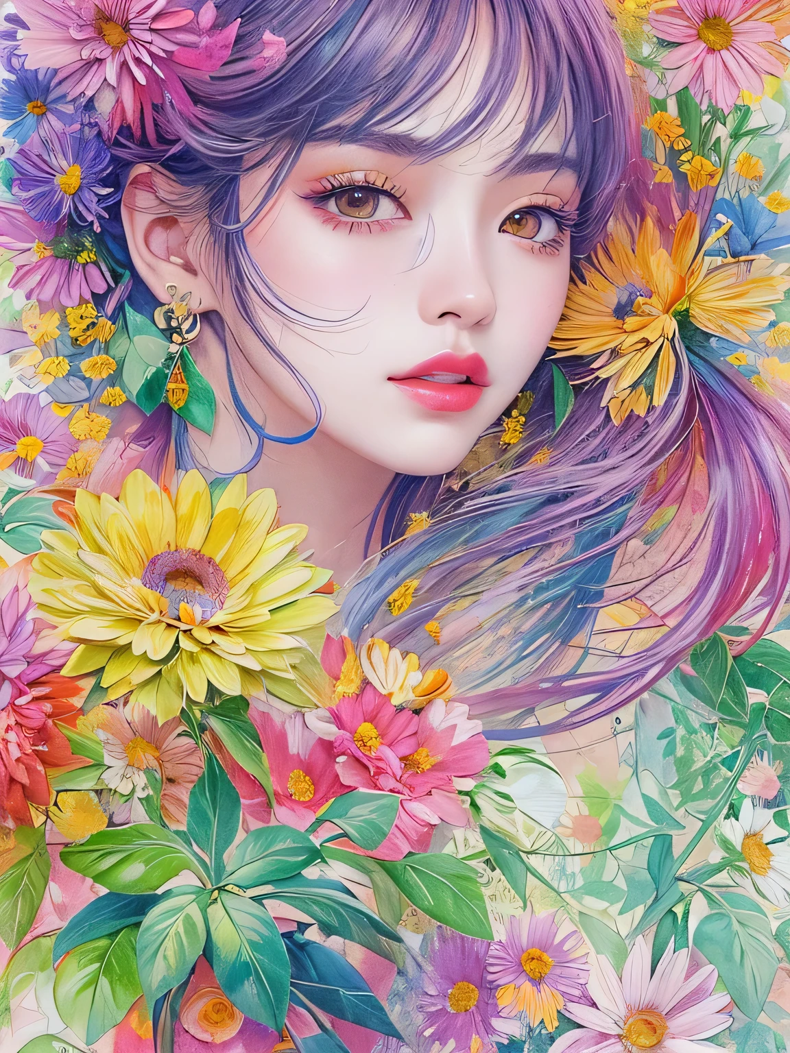 Mai Yoneyama Style、(((stylish fashion))), 8K Quality、Intense watercolor, Detailed watercolor art, Watercolor splash, Surreal, avant-garde pop art, Beautiful and expressive paintings, Beautiful artwork illustration, Very colorful tones, wonderful, Cool beauty, highest quality、Official Art, Vector art, Stylish design, (((The most beautiful girl))), (((highest quality))), HDR, ((detailed)), (((Doodle Art)), ((masterpiece)), ((Super detailed)), (((Colorful flowers))),(((Stylish))),