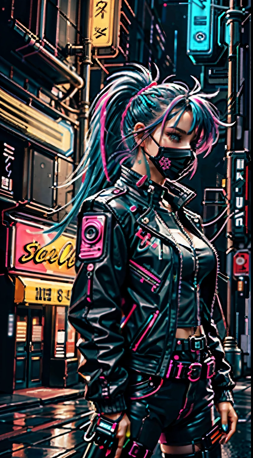 cyber punk, neon, One girl, Fairy, neon hair, neon eyes, Ponytail hairstyle, Black leather jacket,sniper rifle, Food Up, secretly, mask,goggles,