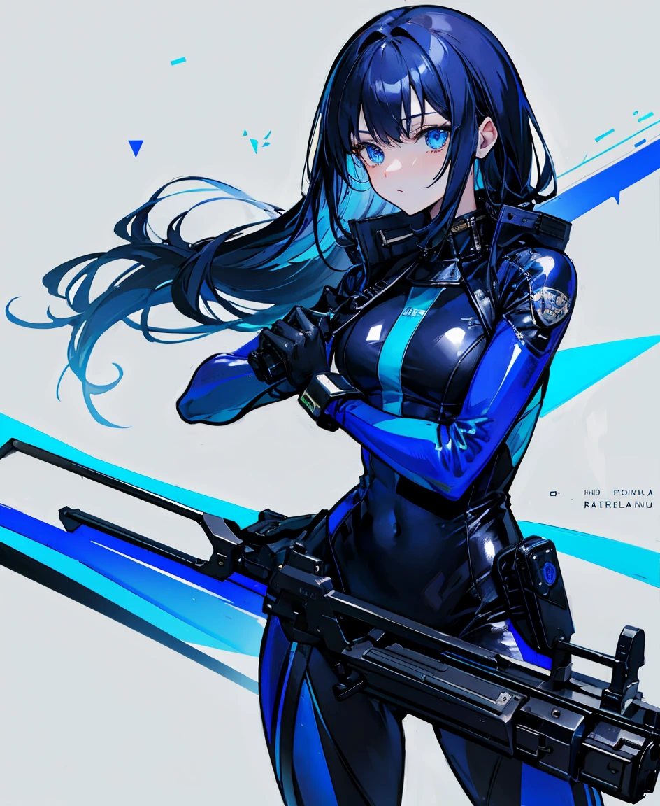 There is no background,girl,Carry a firearm,Patent leather tight suit,Use of firearms,Navy blue long hair,attention arousal,Blue colored eyes,No gradients