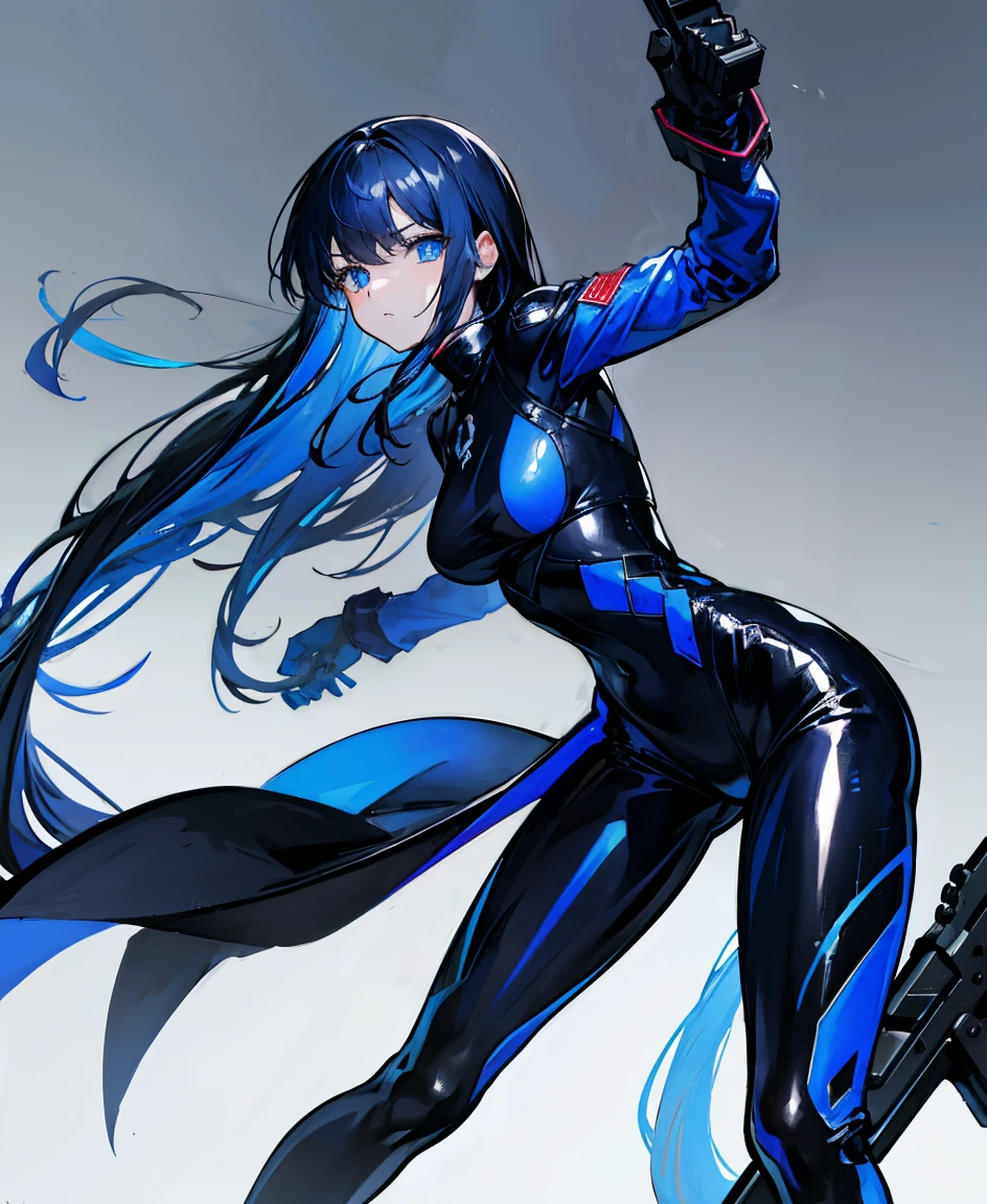 There is no background，girl，Carry a firearm，Patent leather tight suit，Use of firearms，Navy blue long hair，attention arousal，Blue colored eyes,No gradients