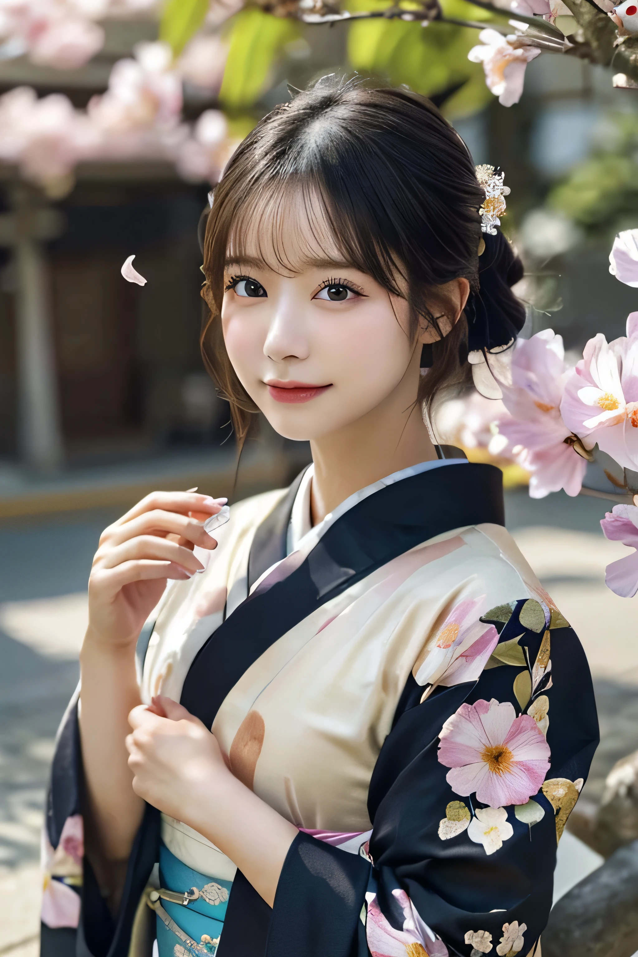 (Kimono)、Random Shots、、、randome pose、(Petals flutter:1.3)、(Wind:1.3)、(top-quality,masterpiece:1.3,超A high resolution,),(ultra-detailliert,Caustics),(Photorealsitic:1.4,RAW shooting,)Ultra-realistic capture,A highly detailed,high-definition16Kfor human skin、 Skin texture is natural、、The skin looks healthy with an even tone、 Use natural light and color,One Woman,japanes,,kawaii,A dark-haired,Middle hair,(depth of fields、chromatic abberation、、Wide range of lighting、Natural Shading、)、