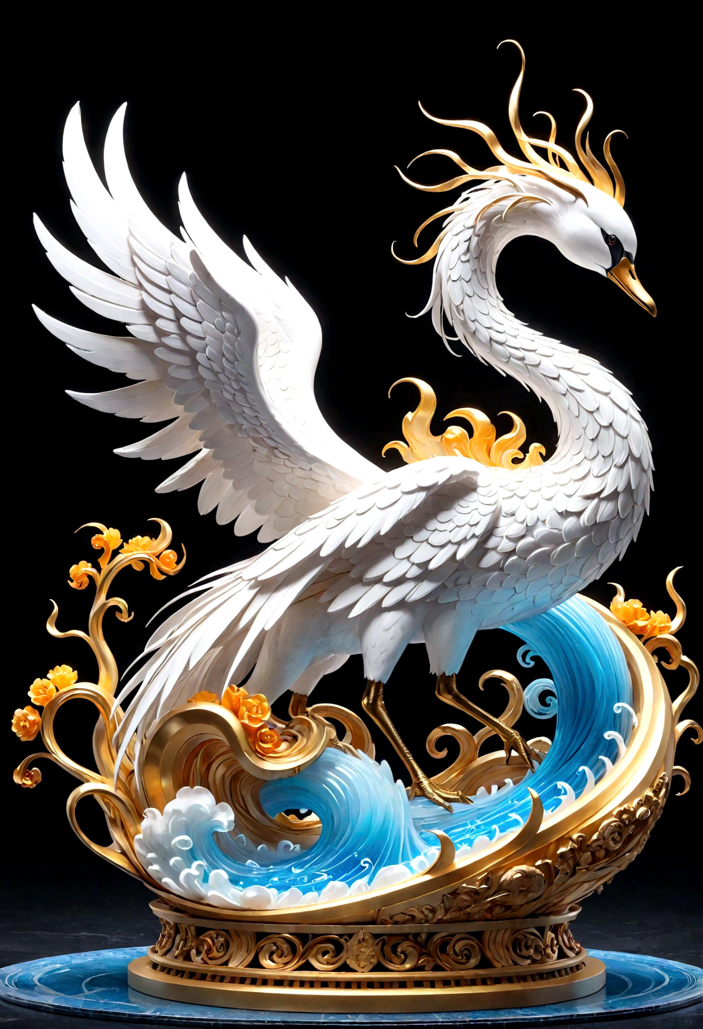 Generate a breathtaking, photorealistic render of a swan statue on a black background with a black background, phoenix swan,  intricate cloud, intricate 3D sculpture, ancient Chinese ornate art, detailed digital 3D art, intricate ornate anime cgi style, extremely detailed digital art, highly detailed digital art, golden  swan, inspired by Ma Yuan, jellyfish phoenix dragon, artwor), perfect exact rendering, greebles::4, --c 33 --s 999 --v 5.1 --ar 27:40   --v 6.0 --s 700