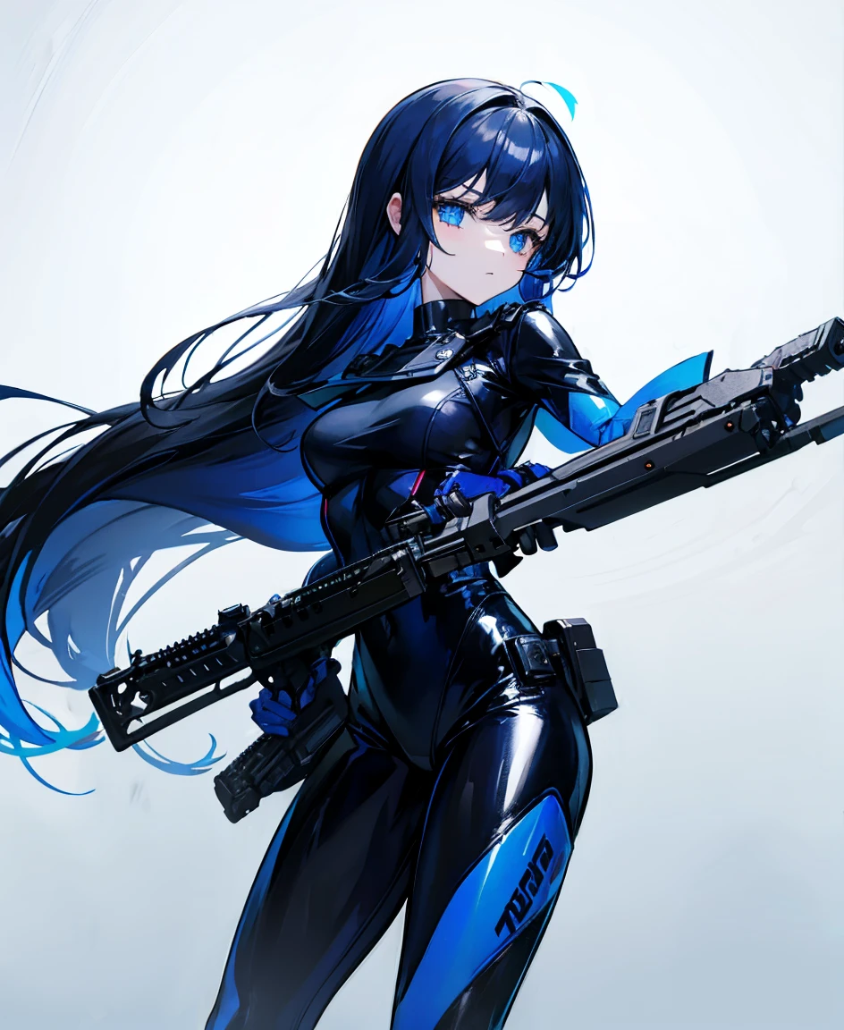 There is no background,girl,Carry a firearm,Patent leather tight suit,Use of firearms,Navy blue long hair,attention arousal,Blue colored eyes,No gradients