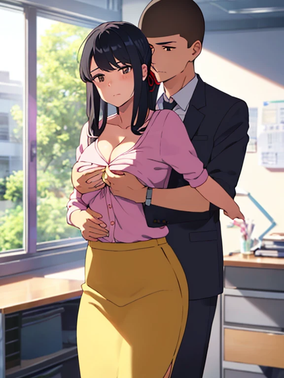 1boy buzzcut, white sleeves, hug from behind, buzzcut boy caressing girl's body, breast groping, breast grope, hold breast, biting shoulders, sex from behind, 1girl, bangs, black hair, brown eyes, long hair, hair ribbon, yellow long sleeve, cleavage, breast, medium breast, long grey skirt, indoors, office room, masterpiece, perfect anatomy, cowboyshot