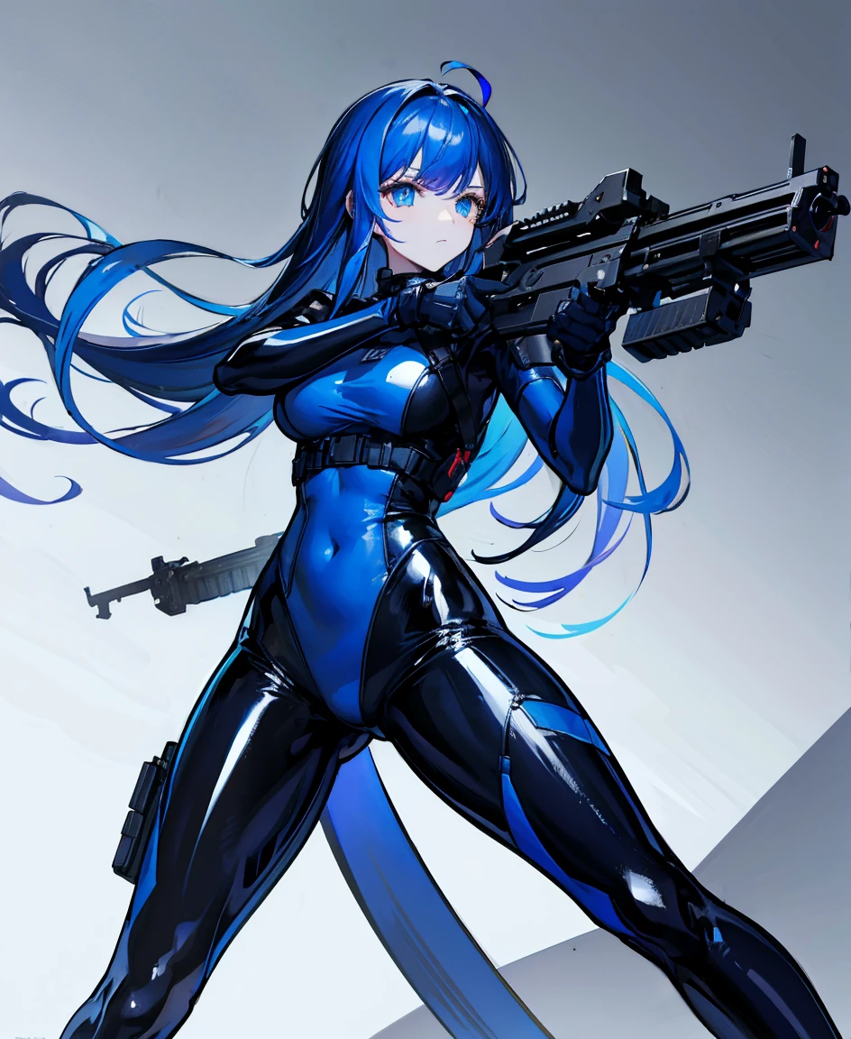 There is no background，girl，Carry a firearm，Patent leather tight suit，Use of firearms，Navy blue long hair，attention arousal，Blue colored eyes,No gradients