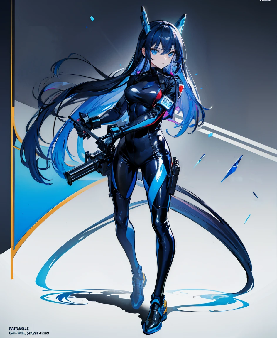 There is no background,girl,Carry a firearm,Patent leather tight suit,Use of firearms,Navy blue long hair,attention arousal,Blue colored eyes,No gradients