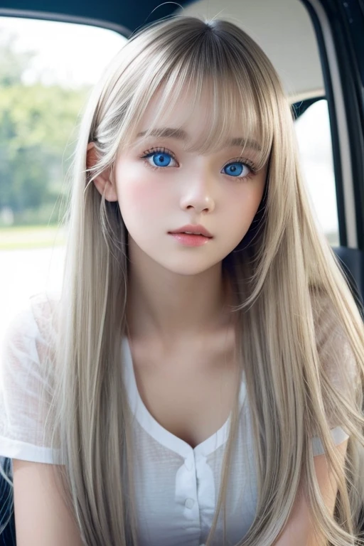 Beautiful white and shining skin、Blonde hair color changes depending on the light、Long bangs obstruct the view、Highlights of cheek luster、Sexy, very beautiful, lovely, cute, gorgeous face、The most beautiful face in the world、Super long and gorgeous silver hair、Sleek short hair、big, glowing bright blue eyes、Beautiful Bangs、Beautiful cute 15 year old girl、
