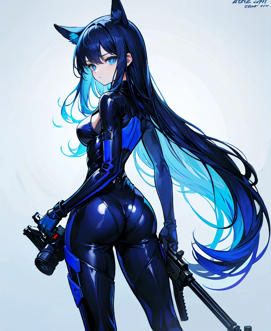 There is no background,girl,Carry a firearm,Patent leather tight suit,Use of firearms,Navy blue long hair,attention arousal,Blue colored eyes,No gradients