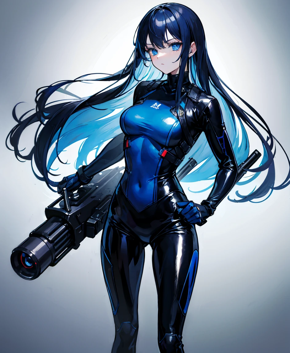 There is no background,girl,Carry a firearm,Patent leather tight suit,Use of firearms,Navy blue long hair,attention arousal,Blue colored eyes,No gradients