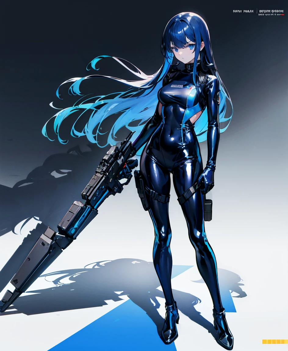 There is no background,girl,Carry a firearm,Patent leather tight suit,Use of firearms,Navy blue long hair,attention arousal,Blue colored eyes,No gradients