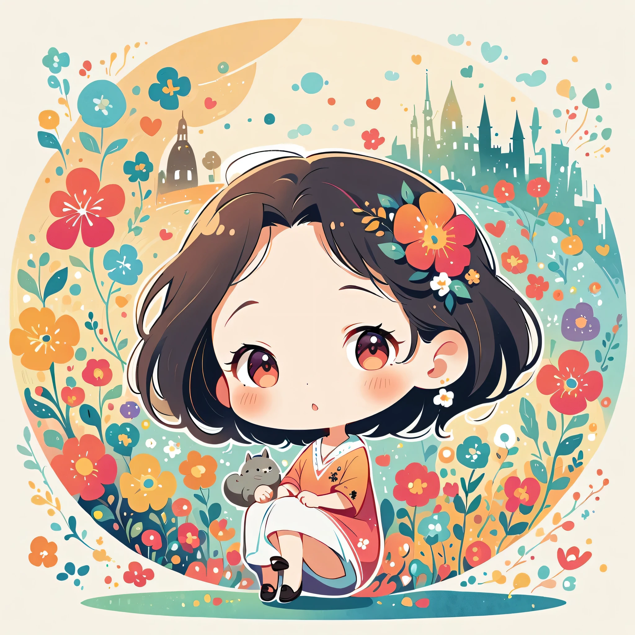 Hayao Miyazaki Style、The most beautiful girl of all time、Lips in Love、Colorful flowers、Simple line initials、Abstract art、Paris Background, (((chibi))), Totoro Forest