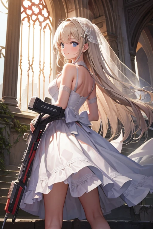 ruined church,Pilot in a wedding dress,Wedding,destruction,Mobile weapons(background:1.3),smile,realistic,{perfection},{perfectionな顔},{{Super detailed}},{{masterpiece}},{{high quality}}