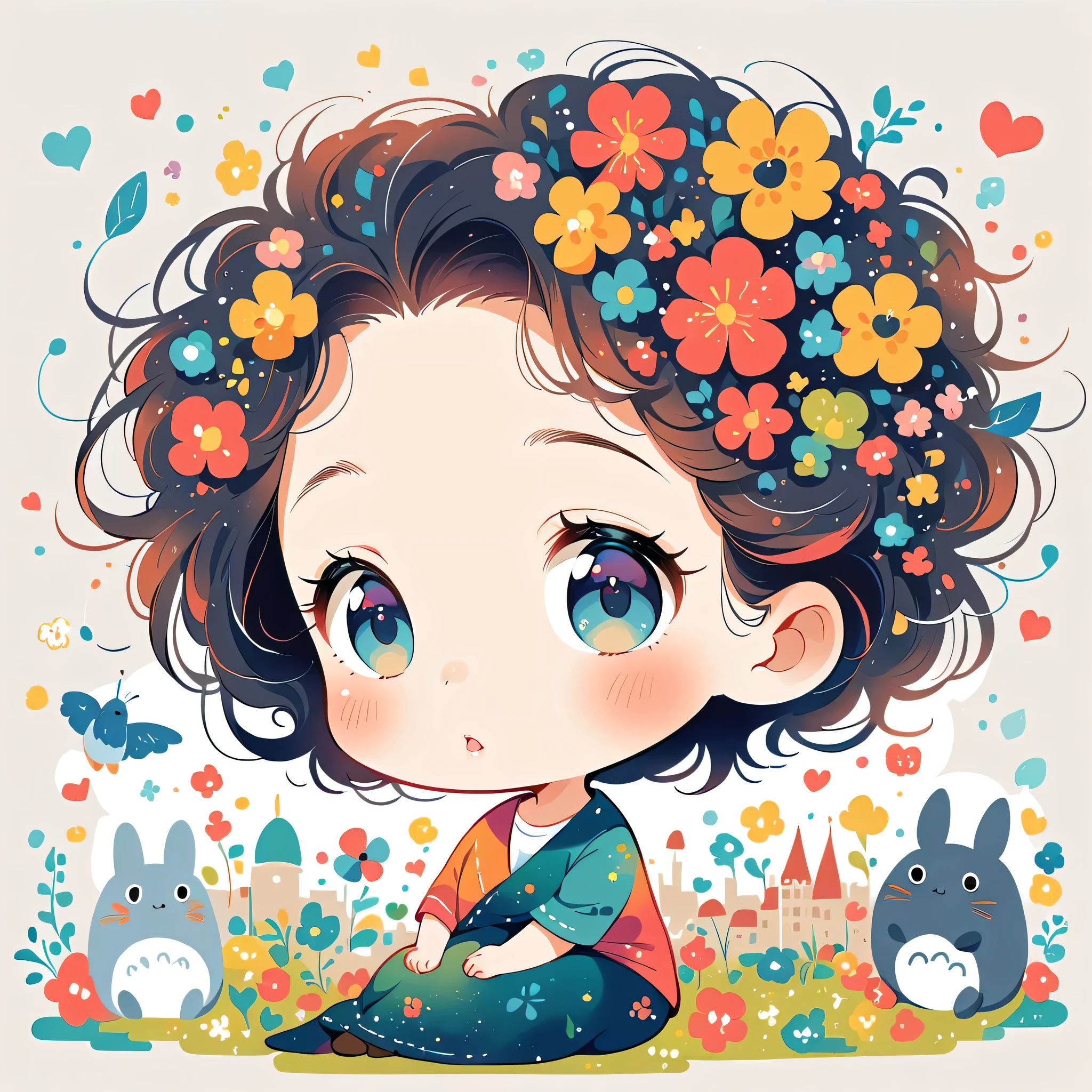Hayao Miyazaki Style、The most beautiful girl of all time、Lips in Love、Colorful flowers、Simple line initials、Abstract art、Paris Background, (((chibi))), Totoro Forest