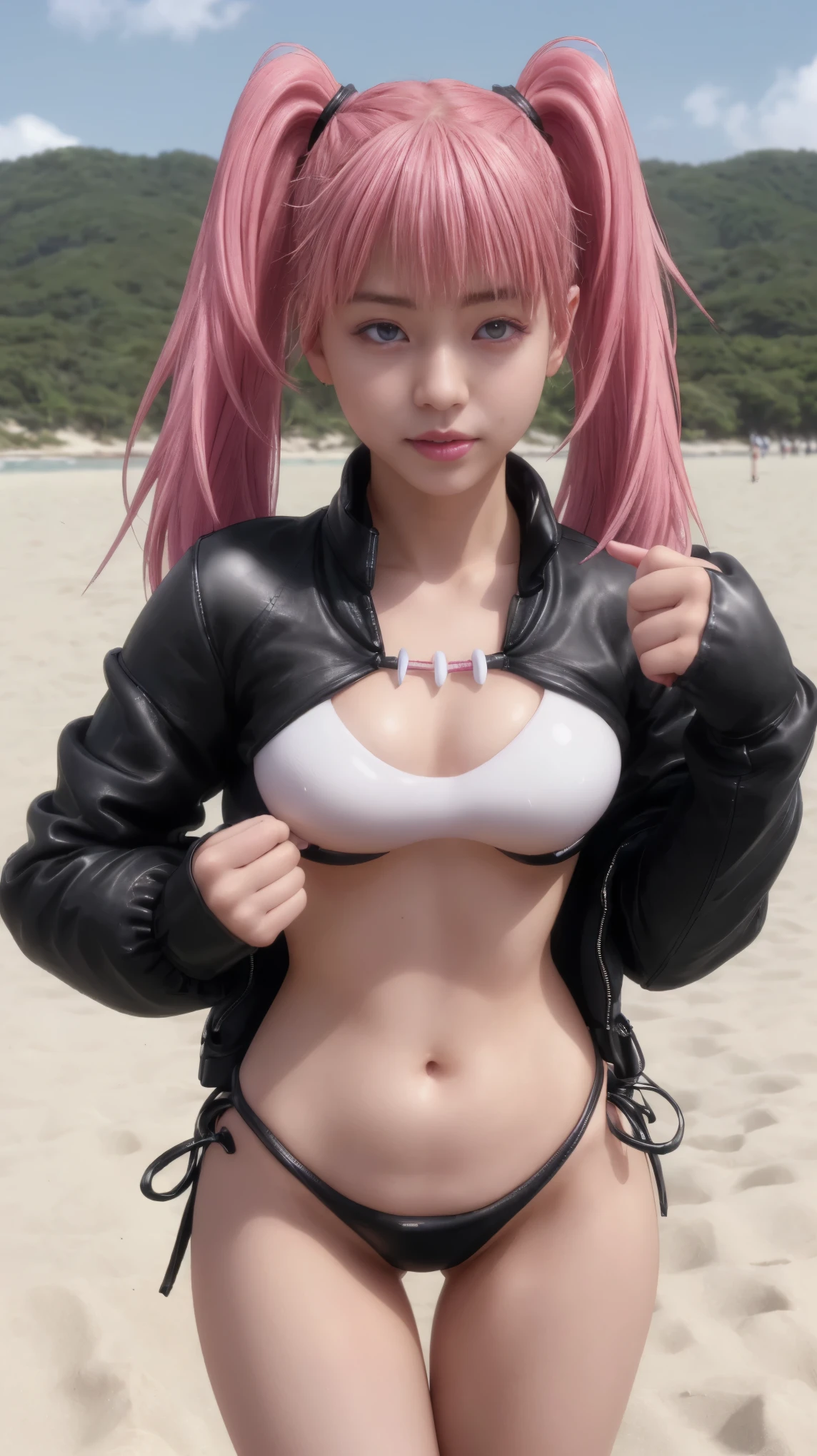 最high quality、high quality、Best image quality、8k、最High resolution、High resolution、最high quality、masterpiece、RAW Photos、whole body写真、Detailed and realistic human body、Detailed and realistic skin、Realistic face in every detail、Realistic reproduction of every detail、Detailed and realistic lips、Detailed and realistic teeth、Detailed and realistic ears、Detailed and realistic hair、Realistic reproduction of every detail、Realistic fingers in every detail、(Beautiful Hands、thumb1reference4)、Realistic feet down to the last detail、Realistic feet down to the last detail、Realistic breasts down to the last detail、((18 year old beautiful girl))、((A girl who resembles Milim))、(Pink Hair)、(Twin tails)、((whole body))、((Upward beautiful breasts))、(Slim and perfect body)、(whole body光沢肌、Fair skin)、Soft natural light、A tropical country with perpetual summer、Beautiful sea、Highly transparent sea、Beautiful sandy beach、((Standing on the beach(Take in the view))、((背景にはBeautiful seaが見える))、((Black Leather(Crop top jacket))、((White leather(タンクトップbikiniトップ))、((Black Leather(bikini))、Sexy pose