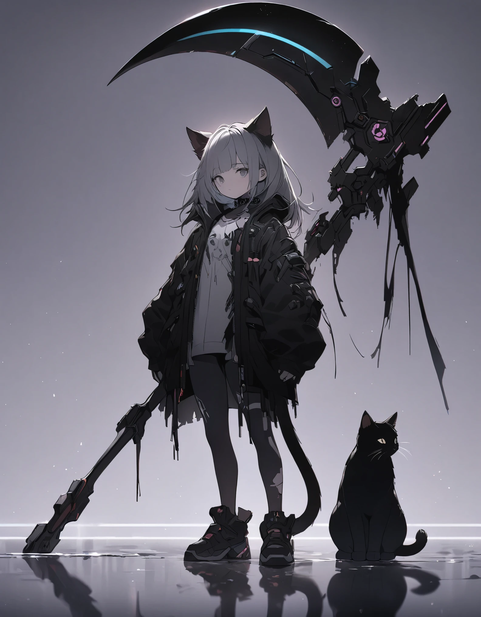 Detailed silhouette of a cyberpunk girl with cat ears and a tail, wearing a flowing, tattered coat, holding a huge scythe that includes a mechanical cat design, standing on a glossy, reflective surface with a minimalistic, soft gray background.