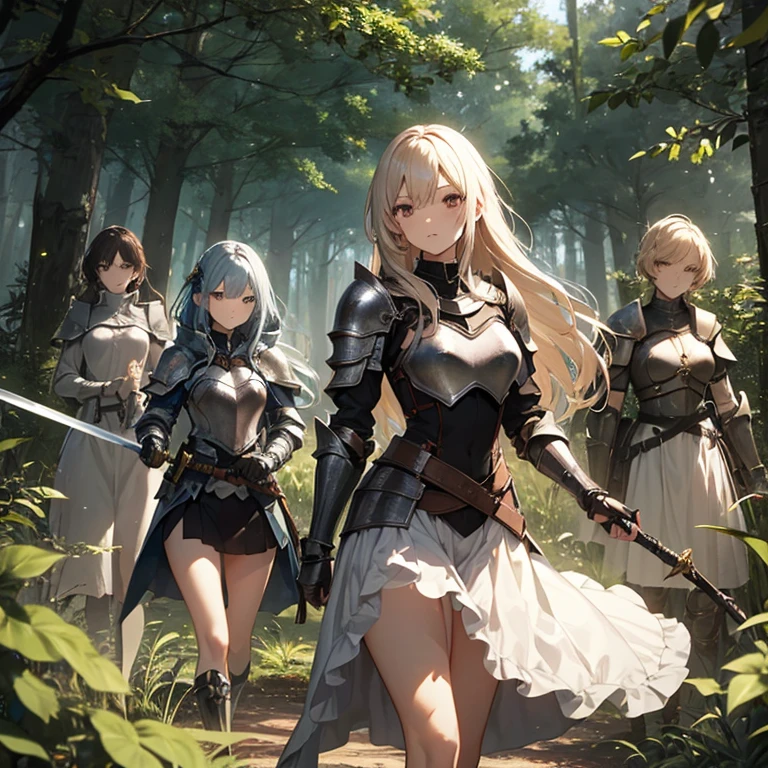A group of female knight, (in forest), various hair styles, harem, wearing armored clothes, metal armor, night, details face, , short skirt, seducing, sword