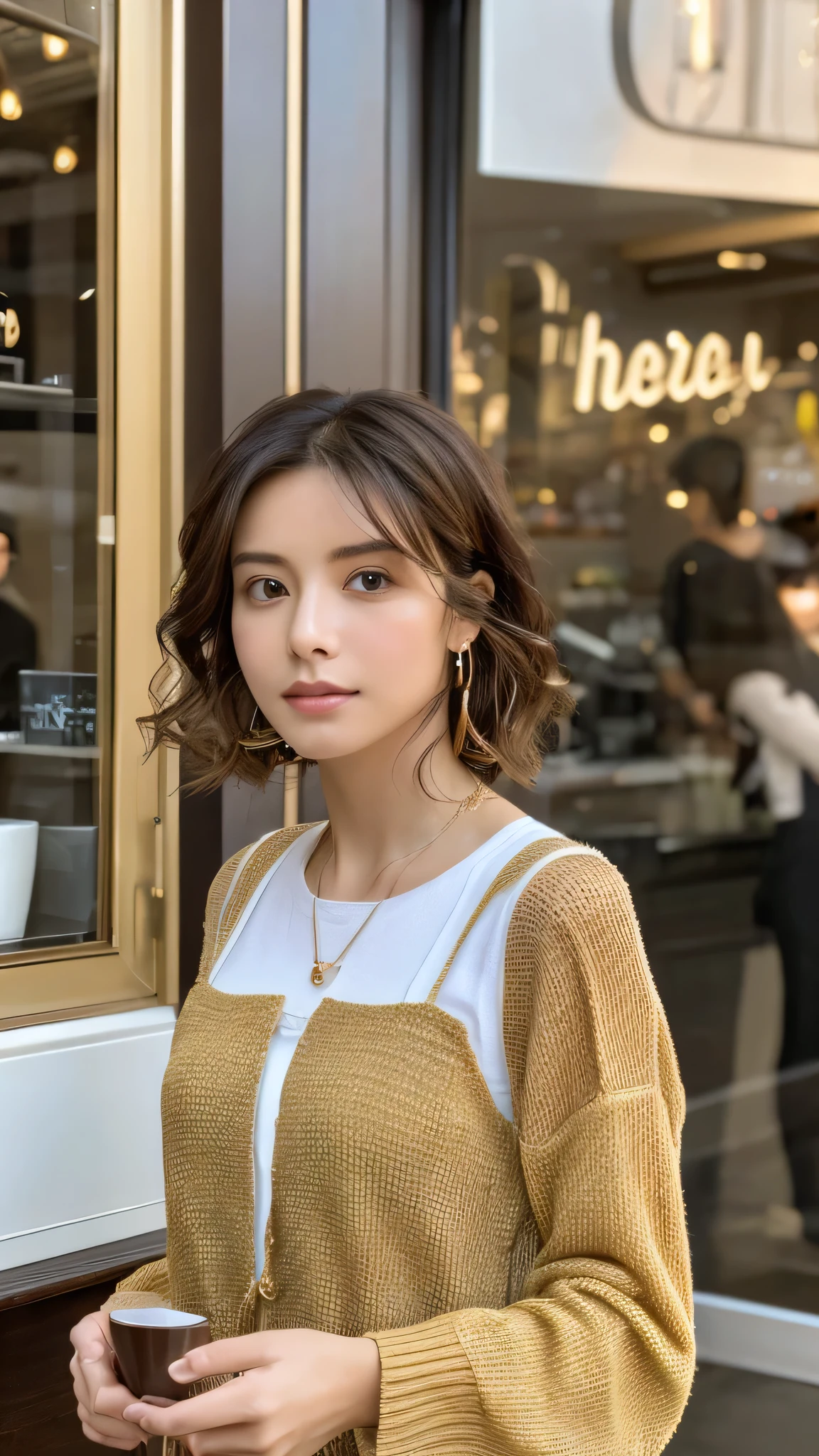 super high quality, thin, The staff is working at the counter in the back.., (8k、RAW Photos、highest quality、masterpiece:1.2), Stylish cafe, Fashion Magazine photoshoot, (Realistic、Realistic:1.37), Beautiful Face , Mesh Hair, Normal chest, Urban Cafe, Golden Ratio, RAW Photos, musician, Blurred Background, curl, Spring Clothes, beauty,  Dress neatly, 

