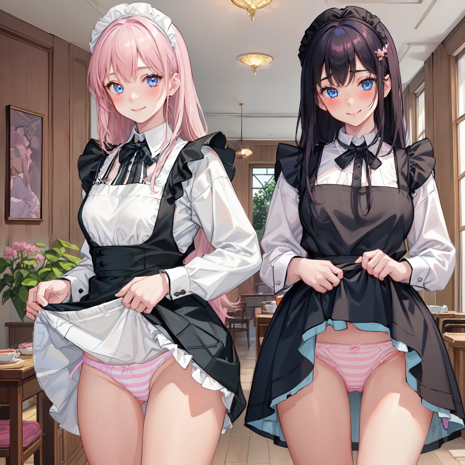 highest quality, masterpiece, ((2 girls:1.5)), ((smile:1.3)), (blush:1.3), Black Shirt, blouse, ((fun!!)), (Small ), Blonde, (Long sleeve), ((White apron:1.5)), ((Maid)), ((hair ornaments)), Kamimei, look at me, ((in house:1.5)), Taking a break from watching the audience, Cowboy Shot, (skirtlift:1.3), (Highly detailed pink striped panties(Highly detailed panties:1.3), that rolls up:1.3), (Panties fully exposedLight blue eyes, long hair, Glowing Eyes