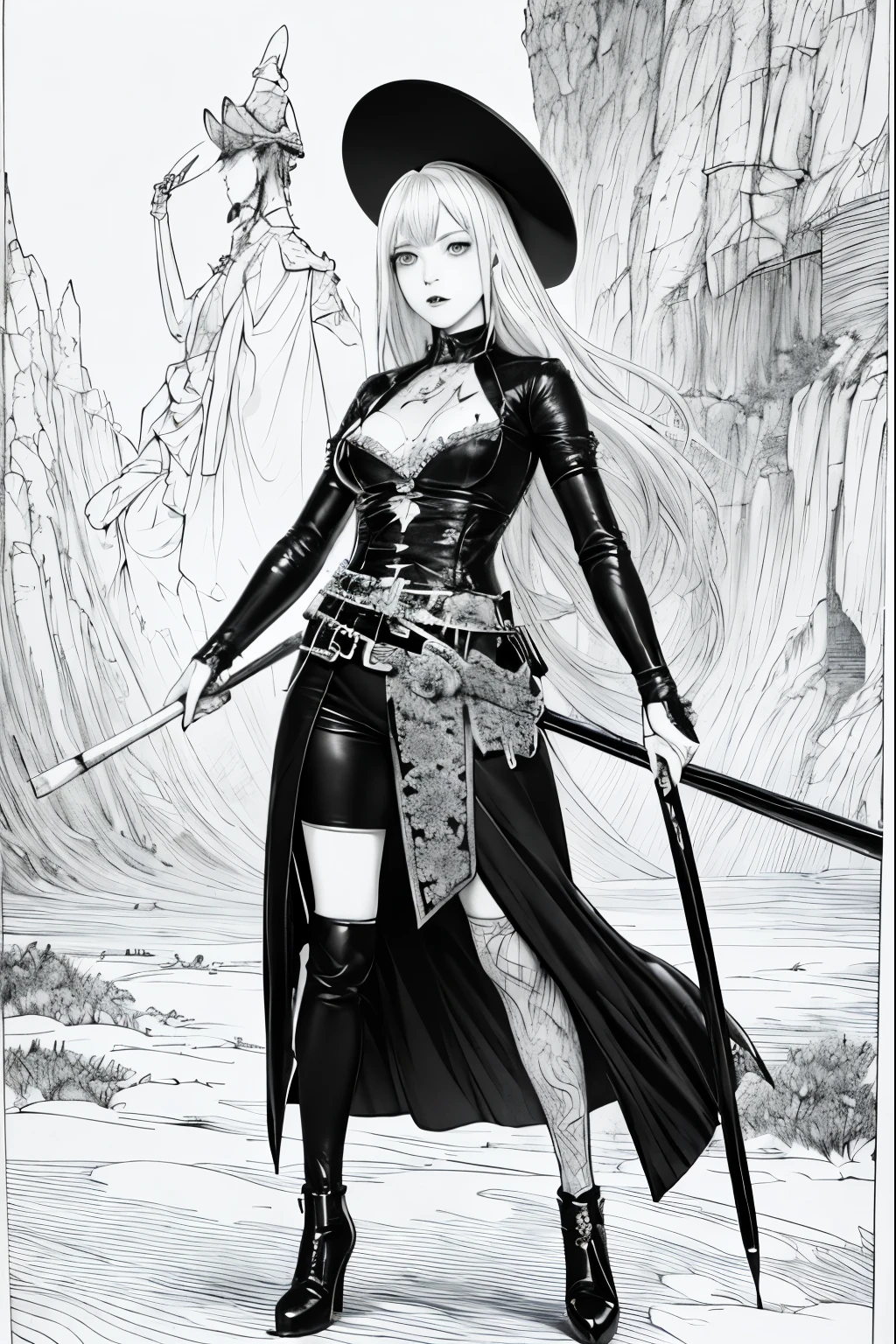 A painting of a costumed woman holding a hat and a walking stick, Manga drawn by Junpei Sato, Pixiv, Gothic art, pencil and Ink Manga, Beautiful line art, Pencil and ink cartoon, Shirow Masamuneスタイル, Shirow Masamune, Ink Manga, Very detailed fan art, Complex manga drawing