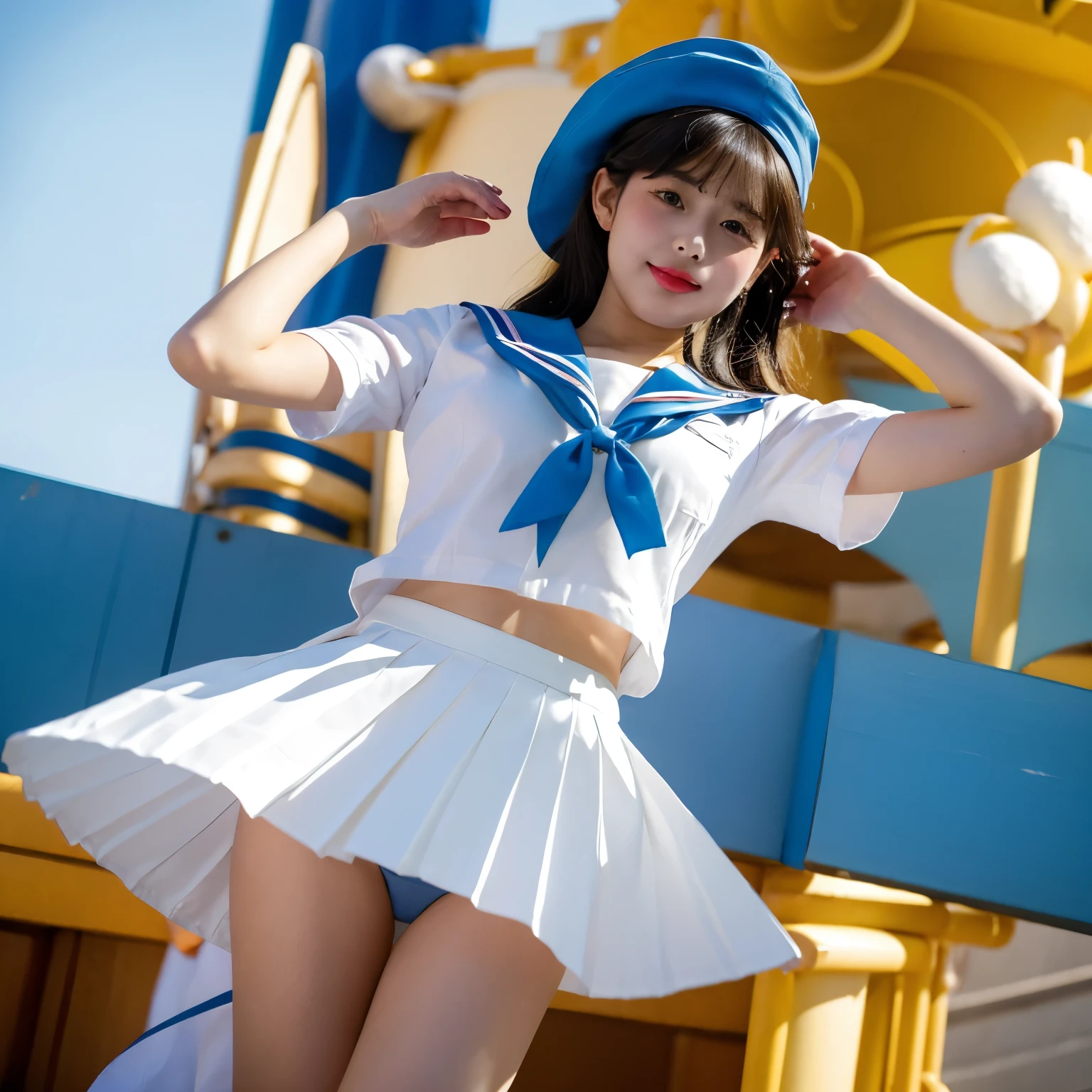 tokyo disney resort dancer open thighs,Donald Duck style hat,White and light blue horizontal striped panties,Blue Sailor Short Sleeve,White pleated skirt,Red ribbon tie,shoot from below,